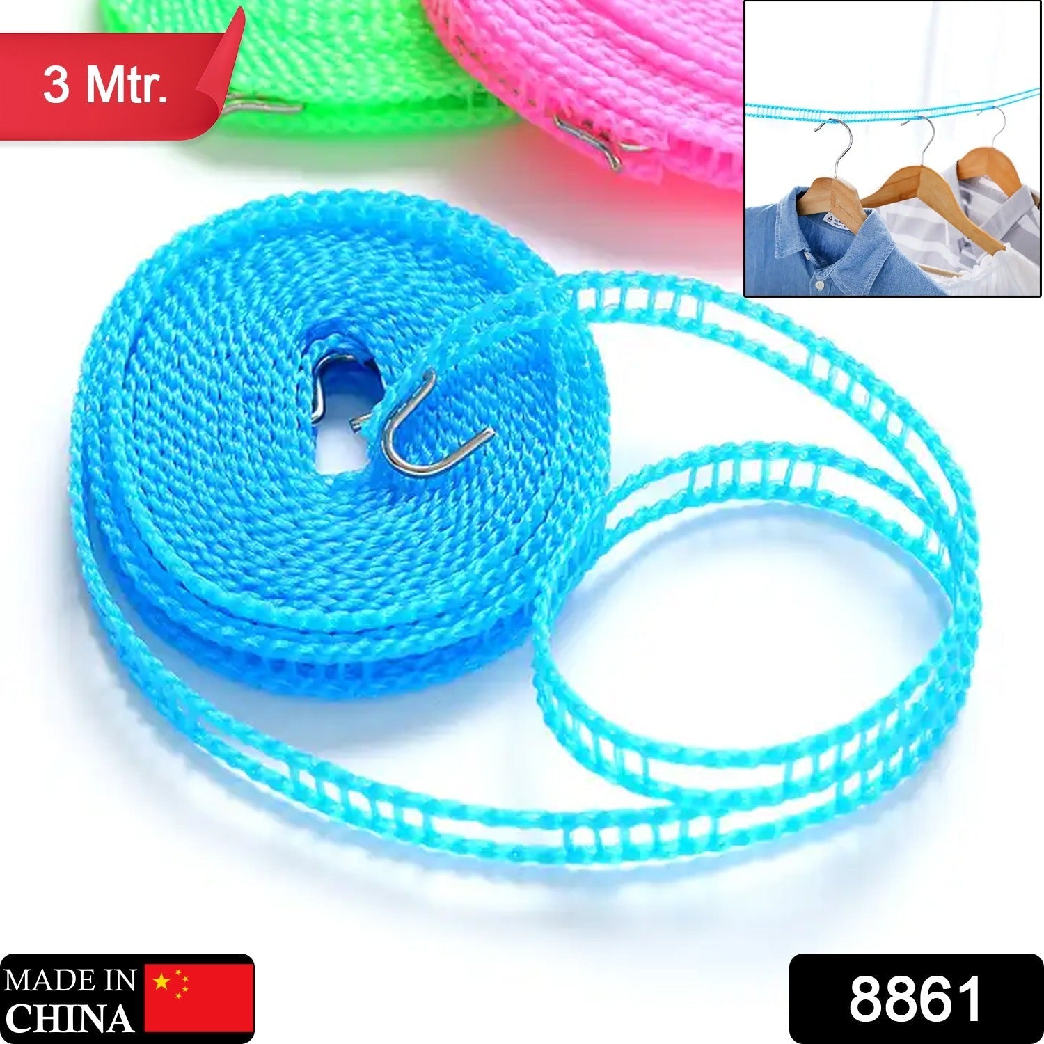 3 Meter Anti-Slip Clothesline Rope - Nylon, Hooks, Indoor/Outdoor - Bhavnagar Deodap