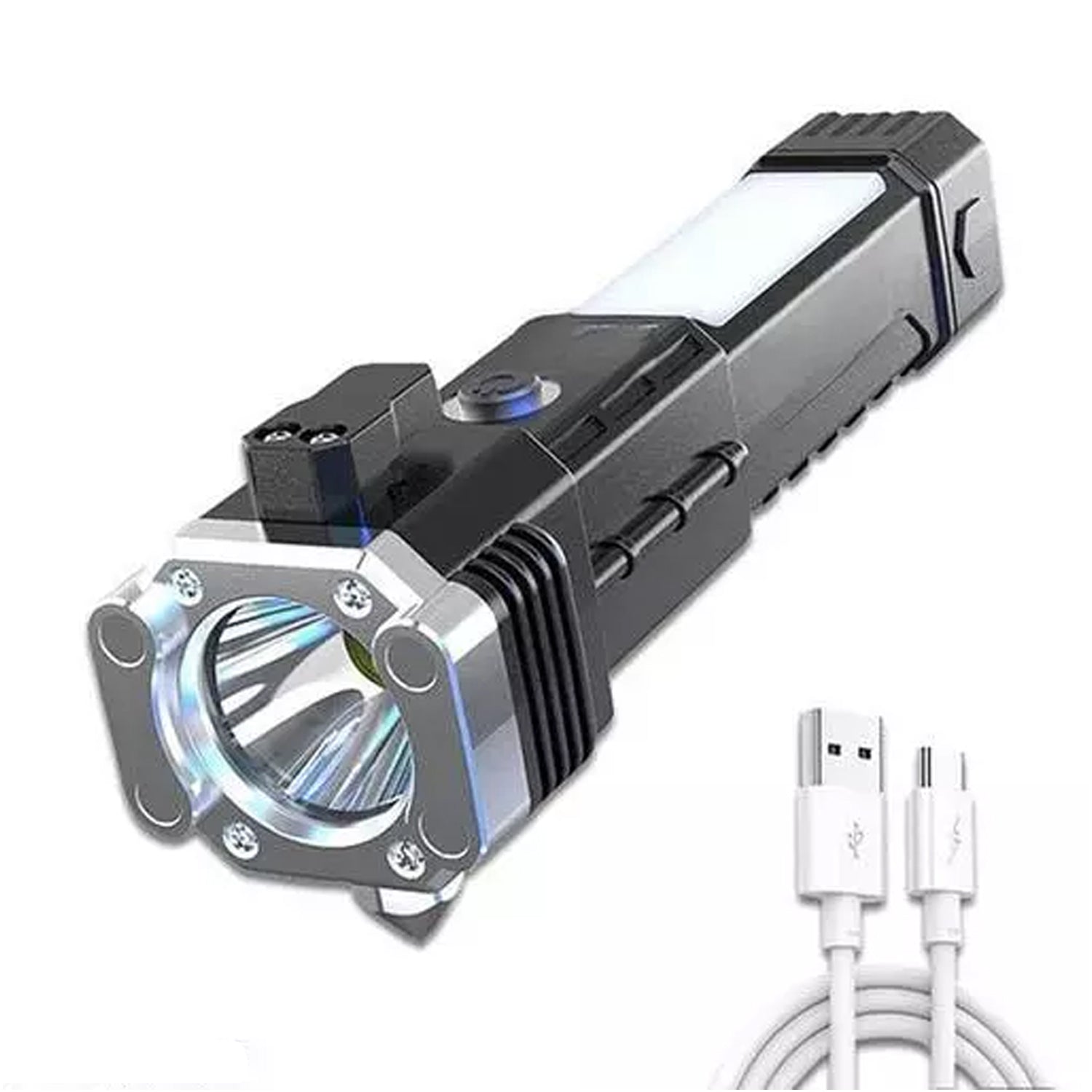 Portable 3w Rechargeable Torch LED Flashlight Long Distance Beam Range, Hammer and Strong Magnets, Window Glass and Seat Belt Cutter 4 Modes for Car Camping Hiking Indoor Outdoor - Bhavnagar Deodap
