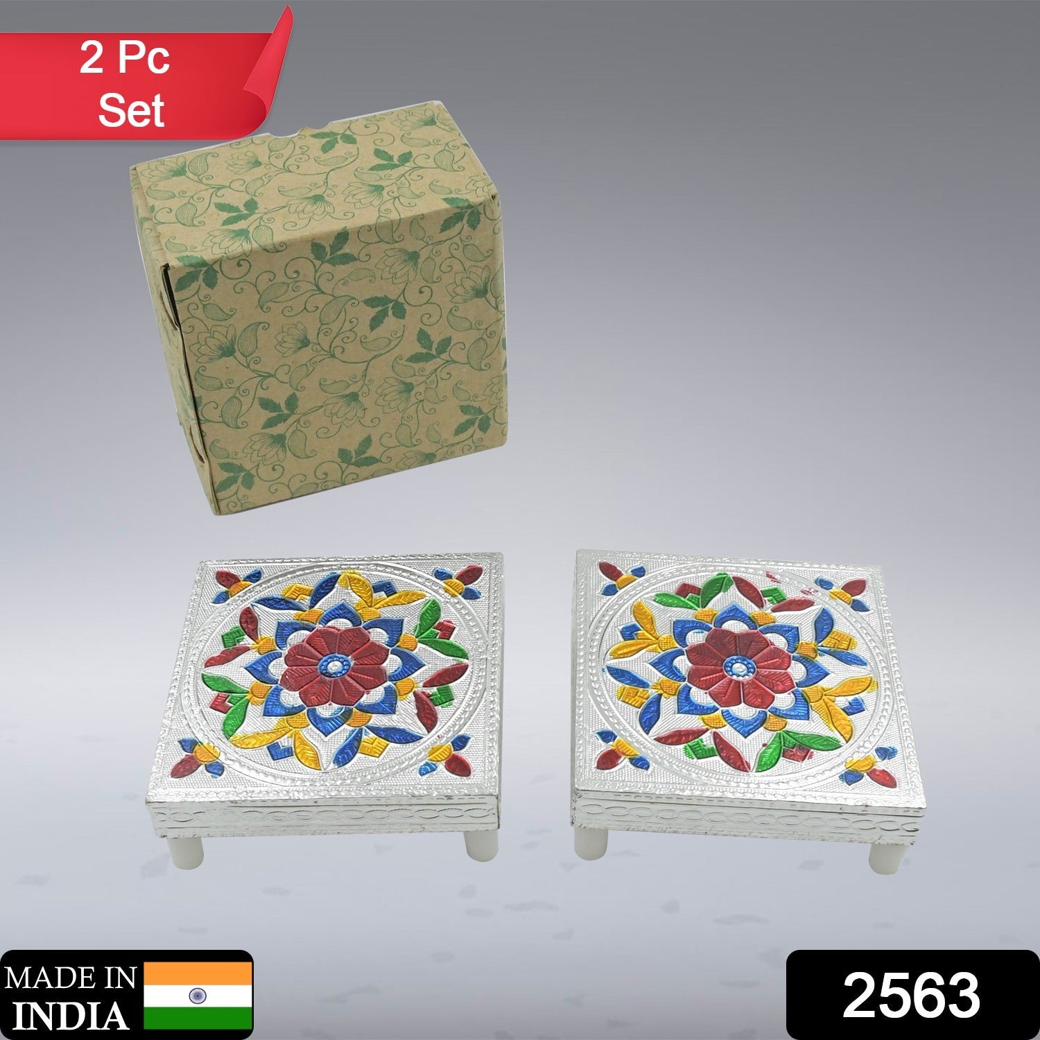 2 Pc Meenakari Wooden Chowki & Bajot Set: For Home & Office Puja (Multicolor) - Bhavnagar Deodap