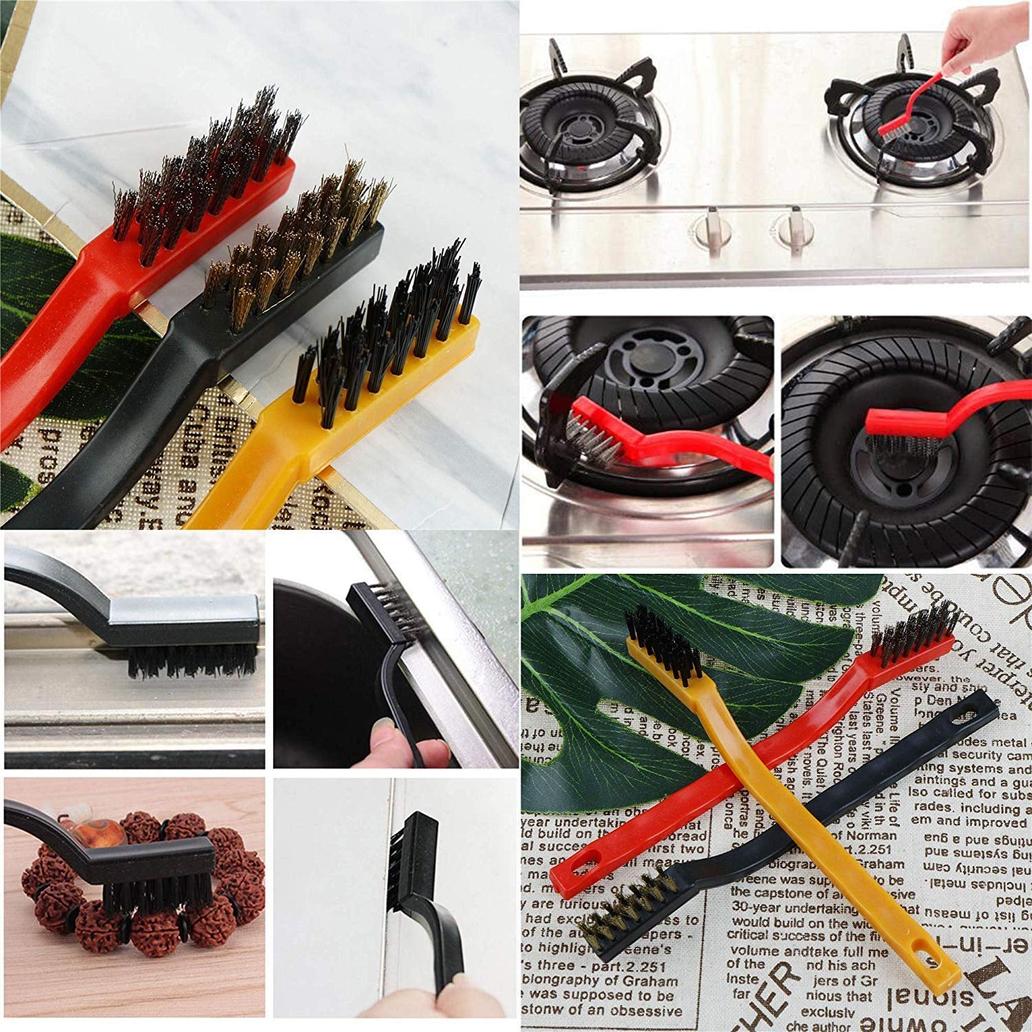 3pc Mini Wire Brush Set Brass Nylon Stainless Steel Bristles Household Cleaning Brush for Gas Stove, Smoke Machine Tool Burner Tiles Tap Rust Removal Welding Slag Dirt & Paint Scrubbing (3 Pcs Set) - Bhavnagar Deodap