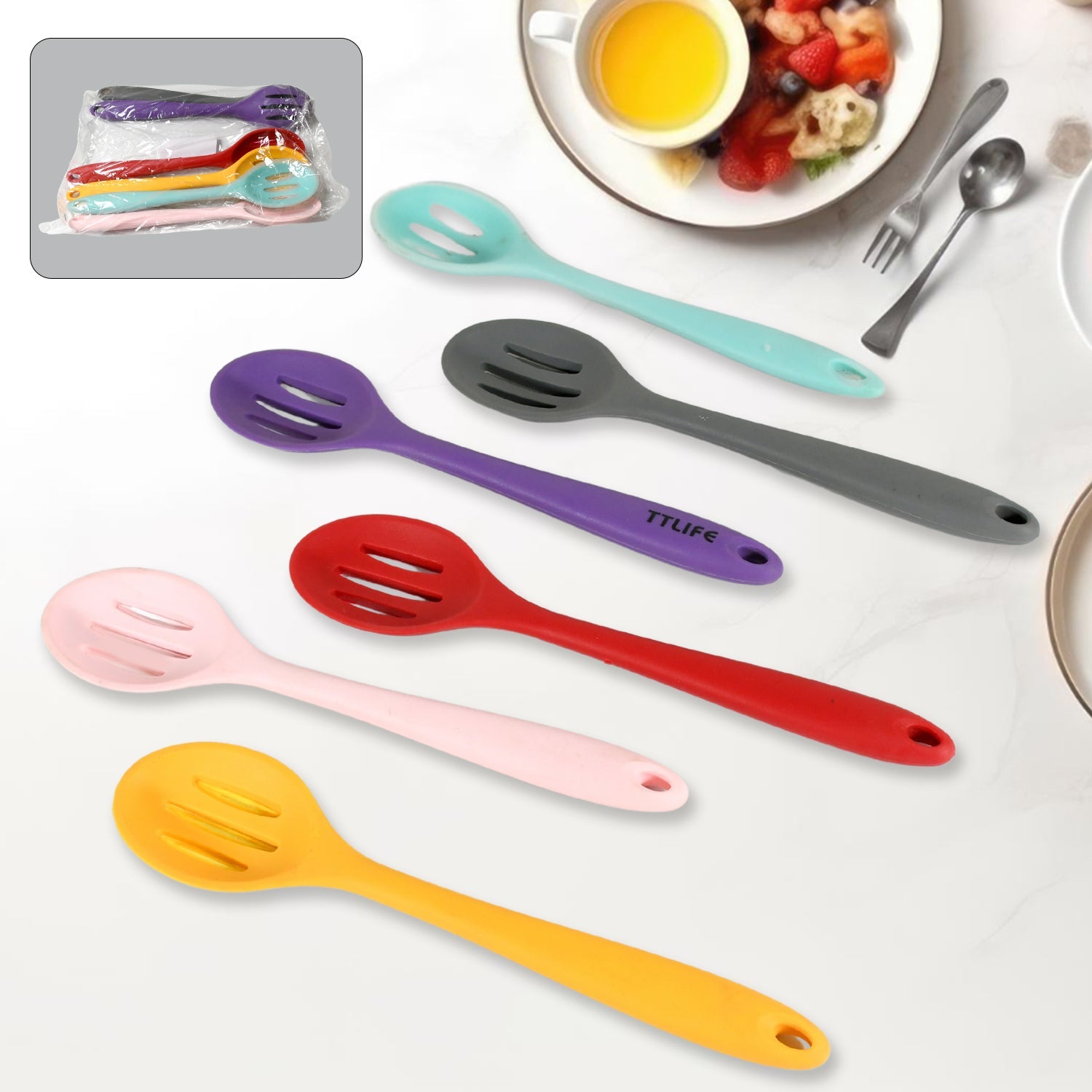 Multipurpose Silicone Spoon, Silicone Basting Spoon Non-Stick Kitchen Utensils Household Gadgets Heat-Resistant Non Stick Spoons Kitchen Cookware Items For Cooking and Baking (6 Pcs Set) - Bhavnagar Deodap