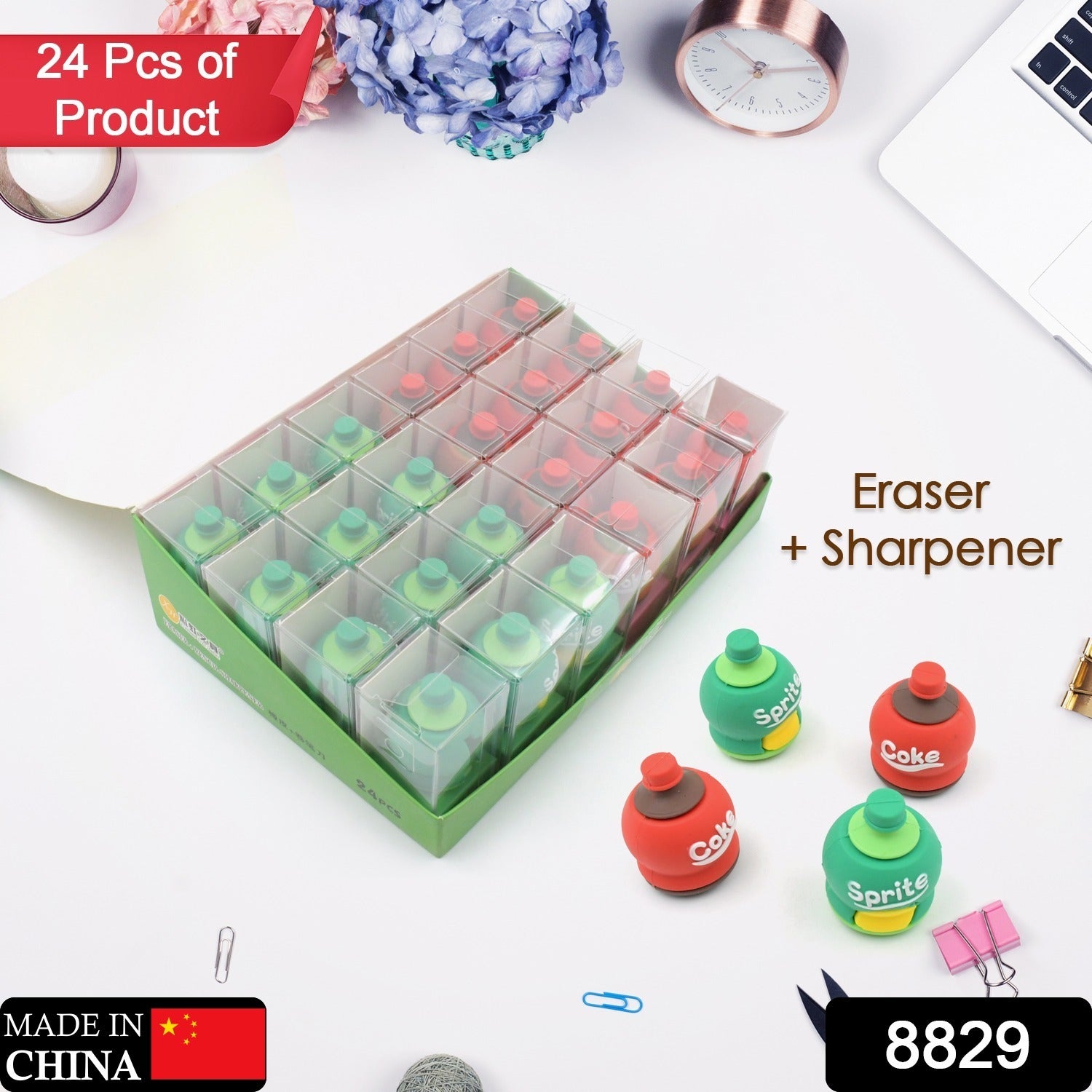 2-in-1 3D Cold Drink Bottle Shape Rubber Pencil Sharpener and Eraser Set, Stationery for Kids School Boys Girls, Birthday Return Gifts (24 Pcs Set ) - Bhavnagar Deodap