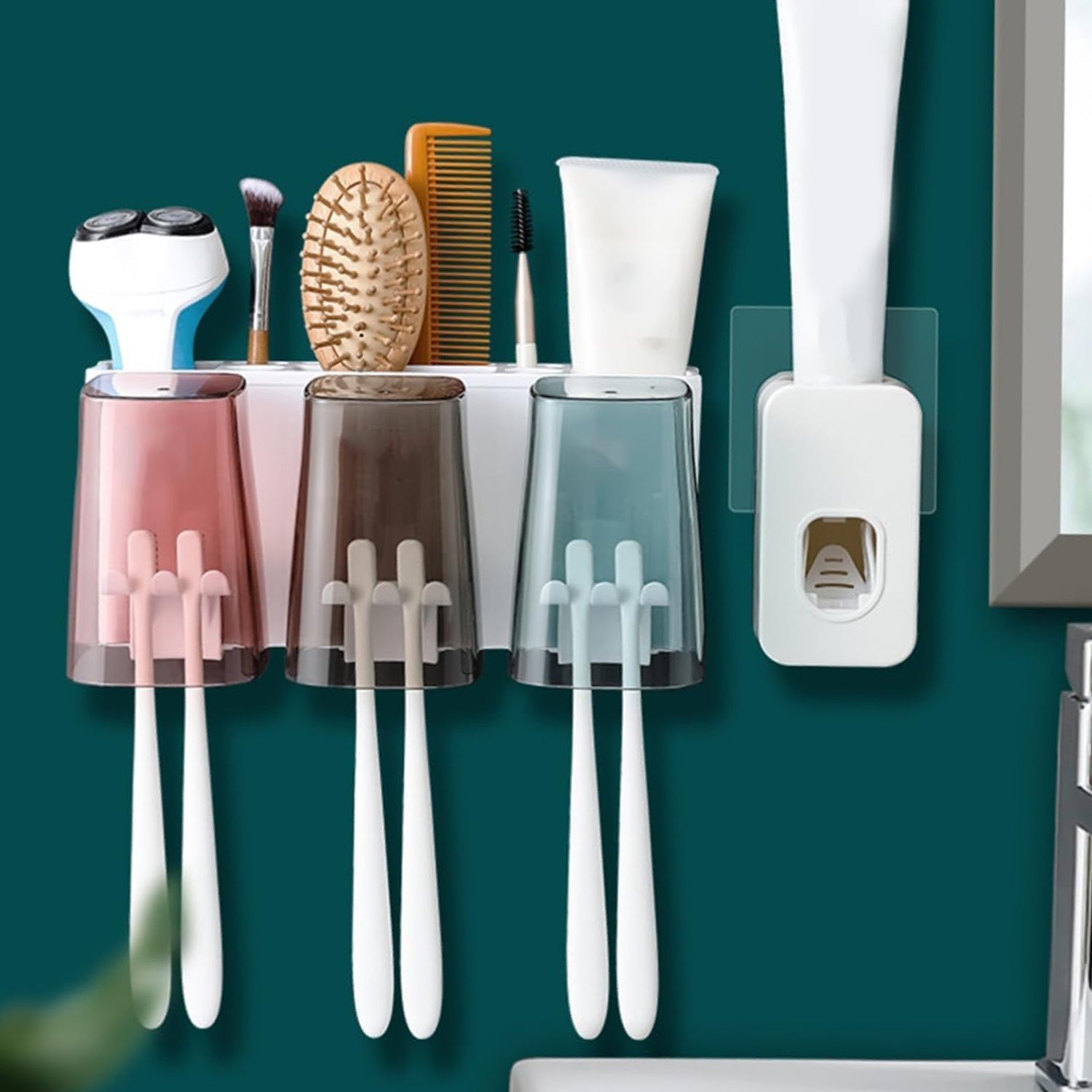 Wall Mount Toothbrush Holder with 3 Cups Automatic Toothpaste Holder Multi-Functional Kids Favorite Candy Toothbrush Holder Bathroom Accessories Organizer Rack - Bhavnagar Deodap