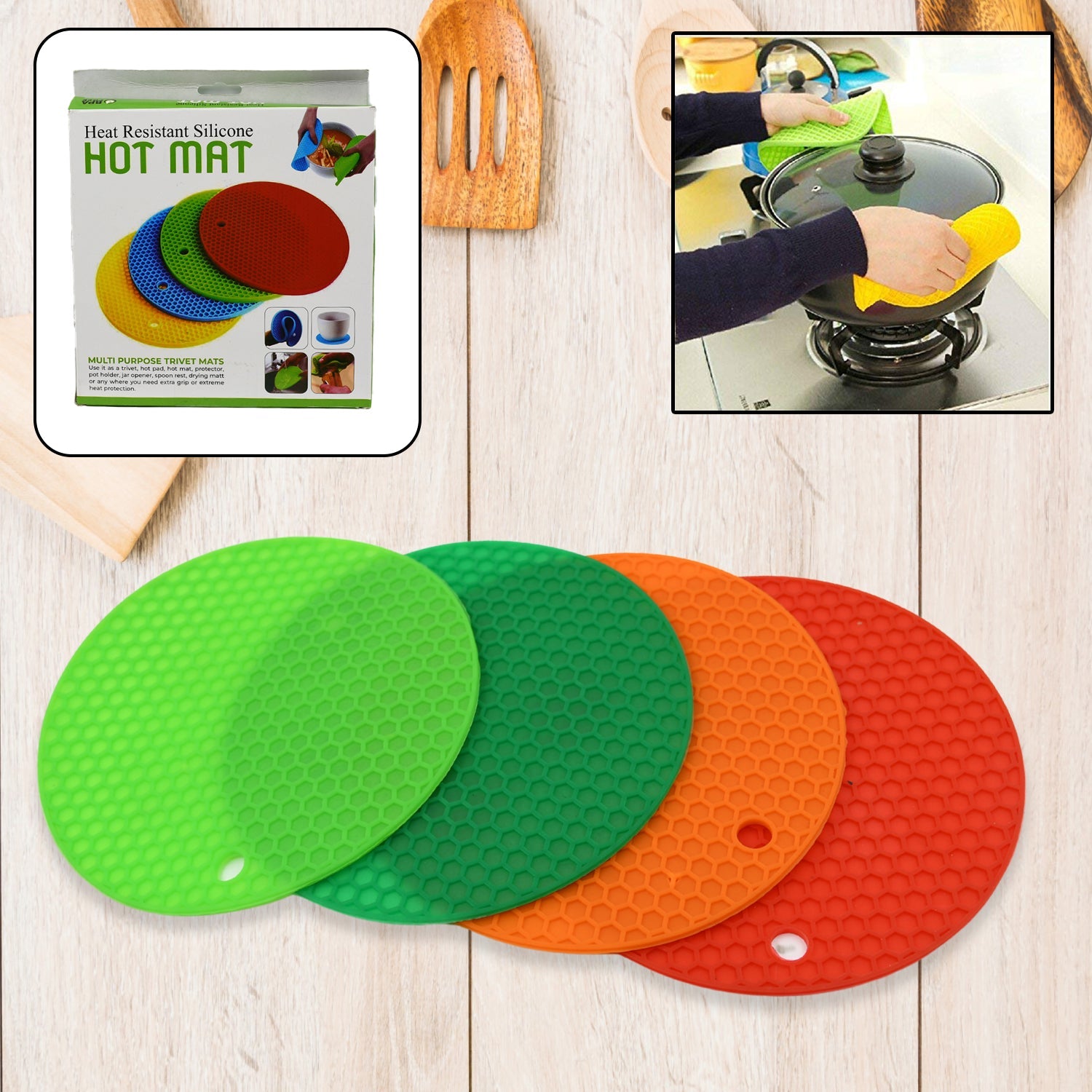 4 Pc Silicon Hot Mat For Placing Hot Vessels And Utensils Over It Easily Without Having Any Visible Marks On Surfaces. - Bhavnagar Deodap