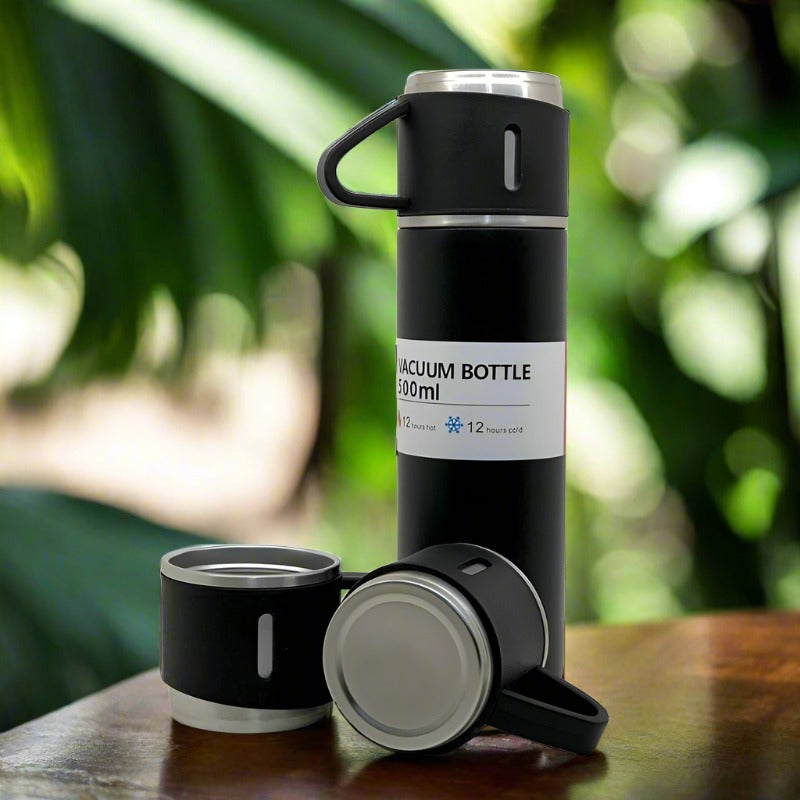 Stainless Steel Vacuum Flask Set with 3 Steel Cups Combo for Coffee Hot Drink and Cold Water Flask Ideal Gifting Travel Friendly Latest Flask Bottle. (500ml) - Bhavnagar Deodap
