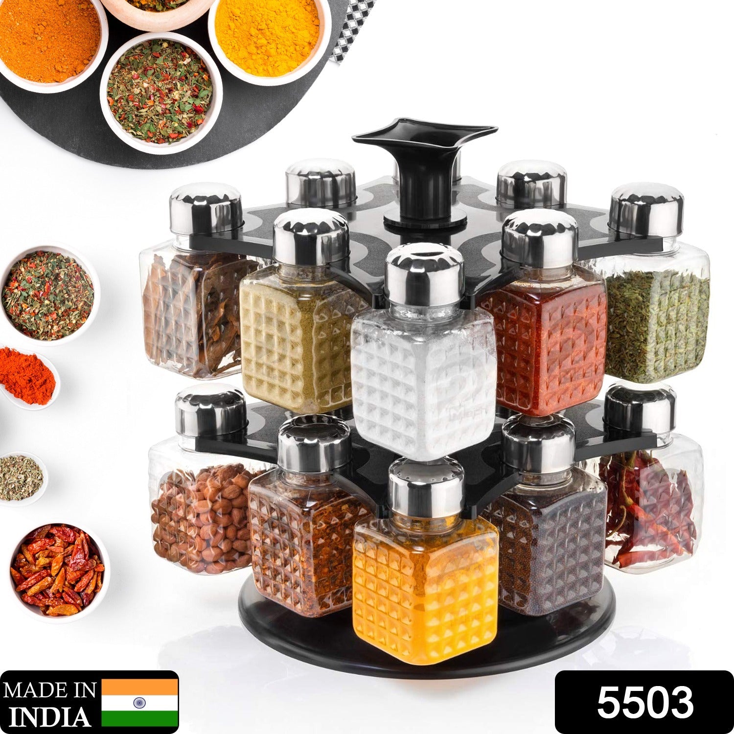 All New Square 16 Bottle Design 360 Degree Revolving Spice Rack Container Condiment, Pieces Set, Square Small Container - Bhavnagar Deodap