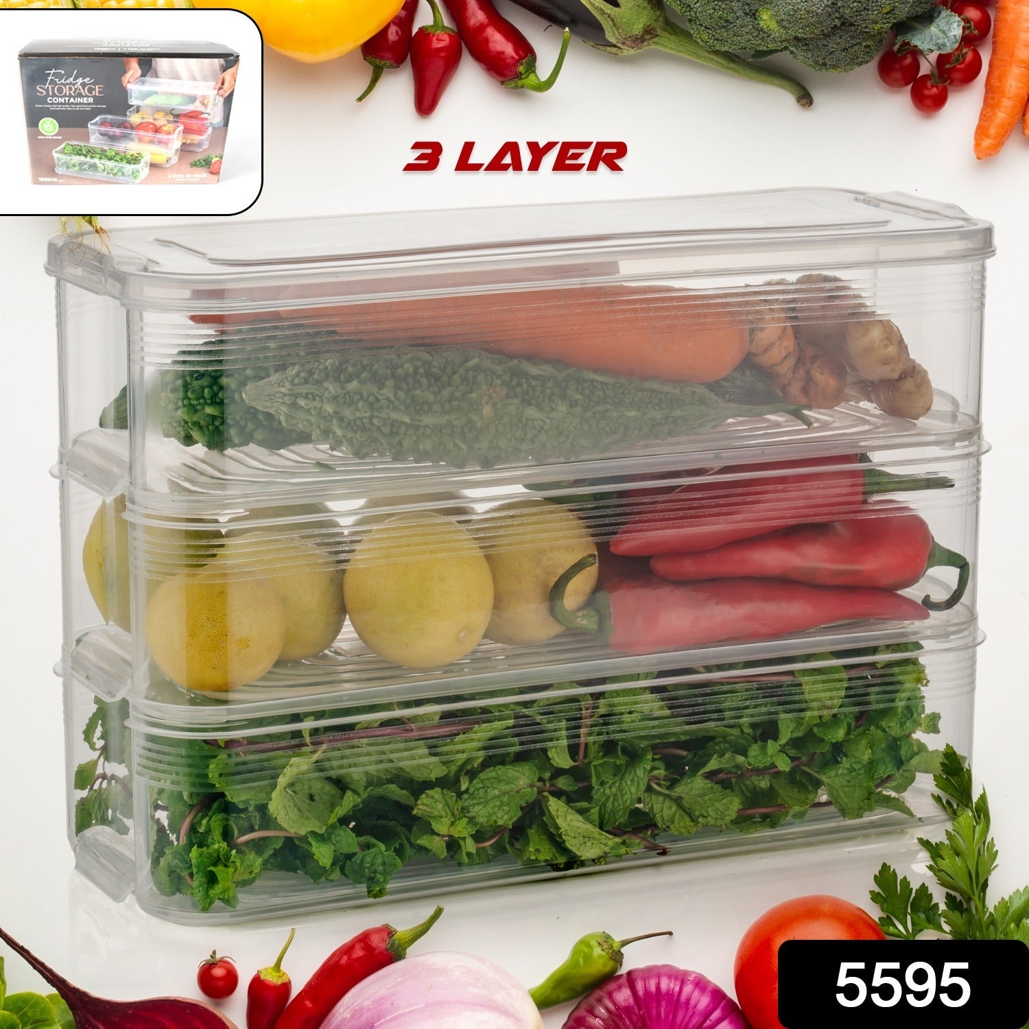 3 Fridge Storage Container, Fridge Organizer with Lid Stackable Fridge Storage Containers Plastic Freezer Storage Containers for Fish, Meat, Vegetables, Fruits, Pack of 3pcs, 1500ML Approx - Bhavnagar Deodap