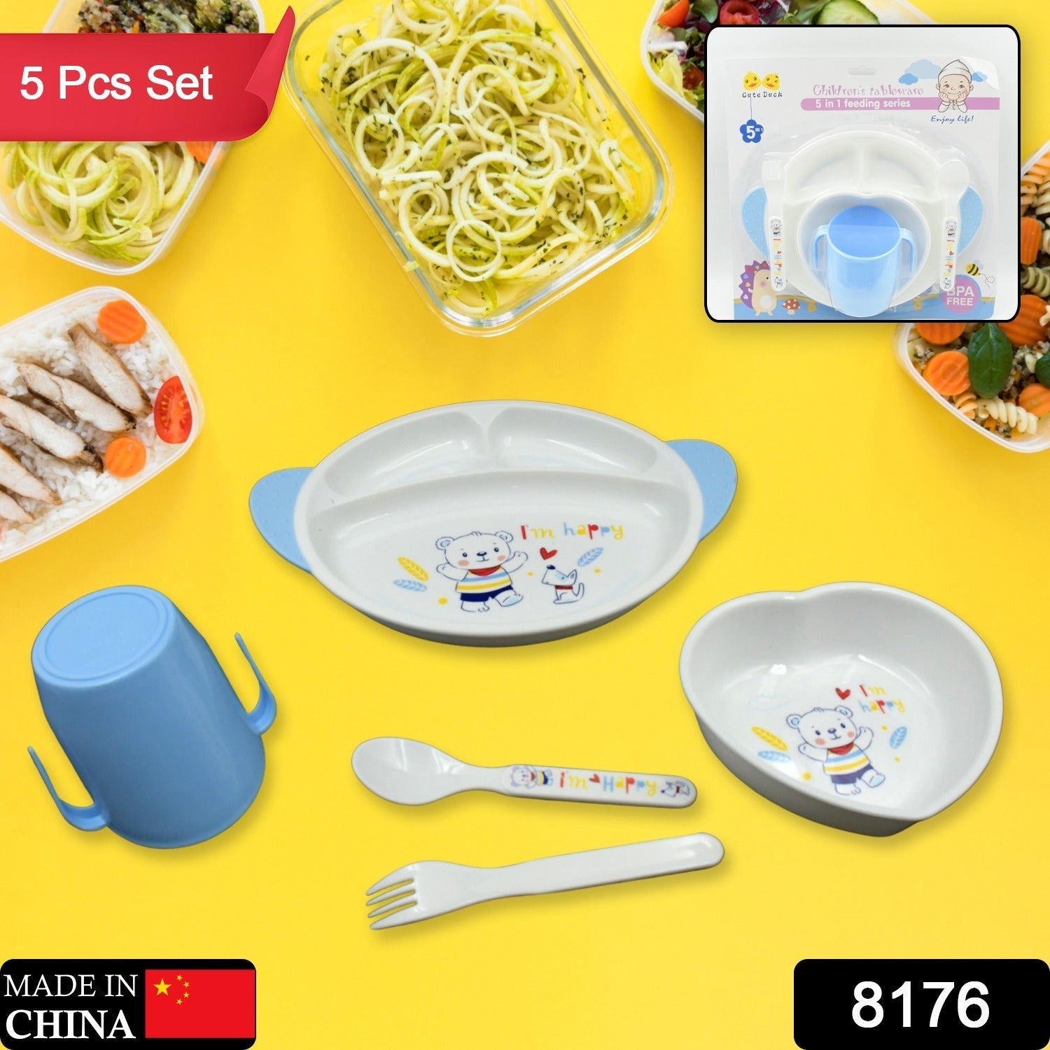 5in1 Baby Feeding Set for Kids and Toddlers,Children Children Dinnerware Set - Feeding Set for Kids, Cartoon Design Plate, Cup, Spoon, Fork  Tableware Cutlery for Kids Microwave & Dishwasher Safe (5 Pcs Set) - Bhavnagar Deodap