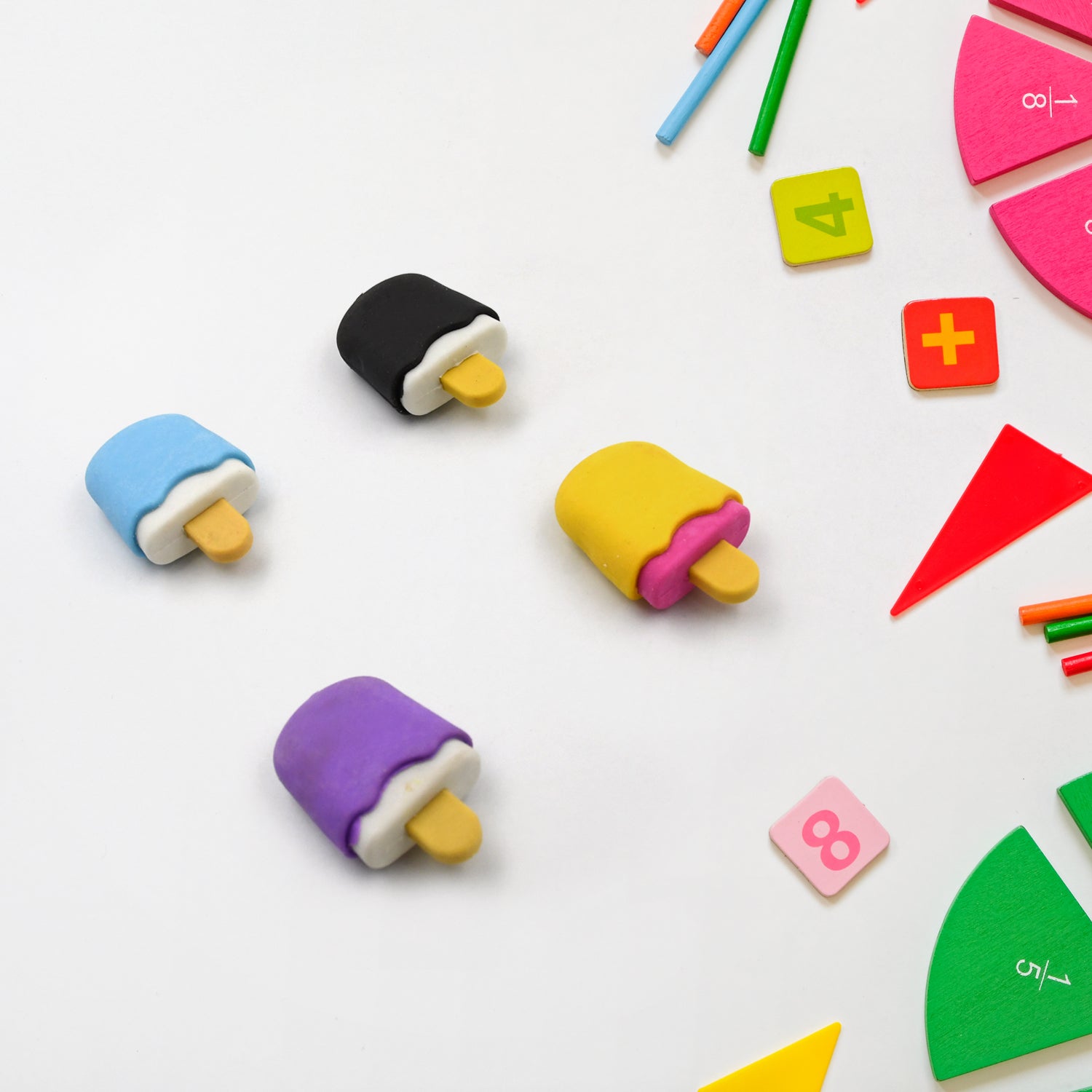 Cone / Donut / Lolipop / Ice cream / Eraser for Girls & Boys / Eraser for School B'Day Return Gift Party Doughnut Lollipop Ice Cream Theme Shape Erasers Pencils Set for Kids Educational Stationary kit, School Supplies (1 Set 4 Pc) - Bhavnagar Deodap