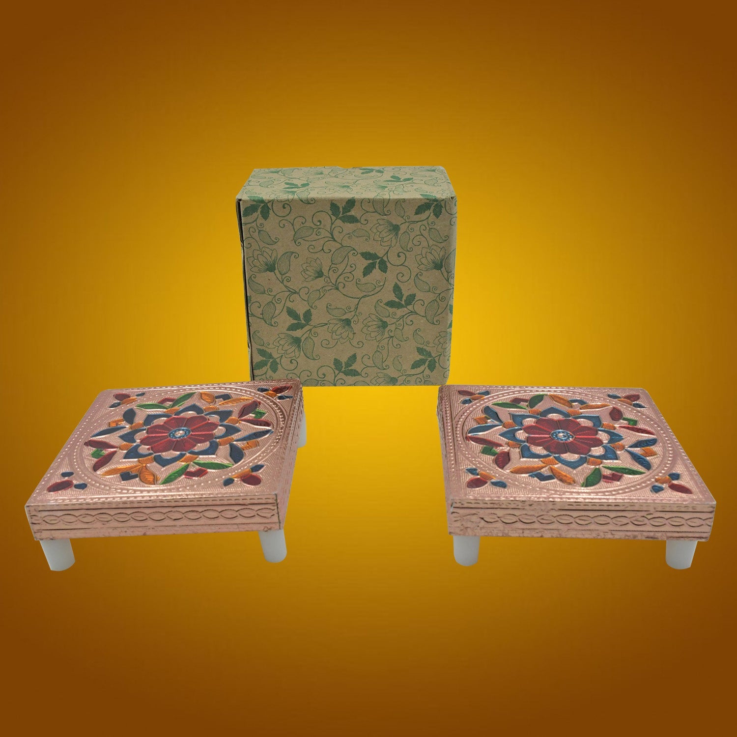 2 Pc Meenakari Wooden Chowki & Bajot Set: For Home & Office Puja (Multicolor) - Bhavnagar Deodap