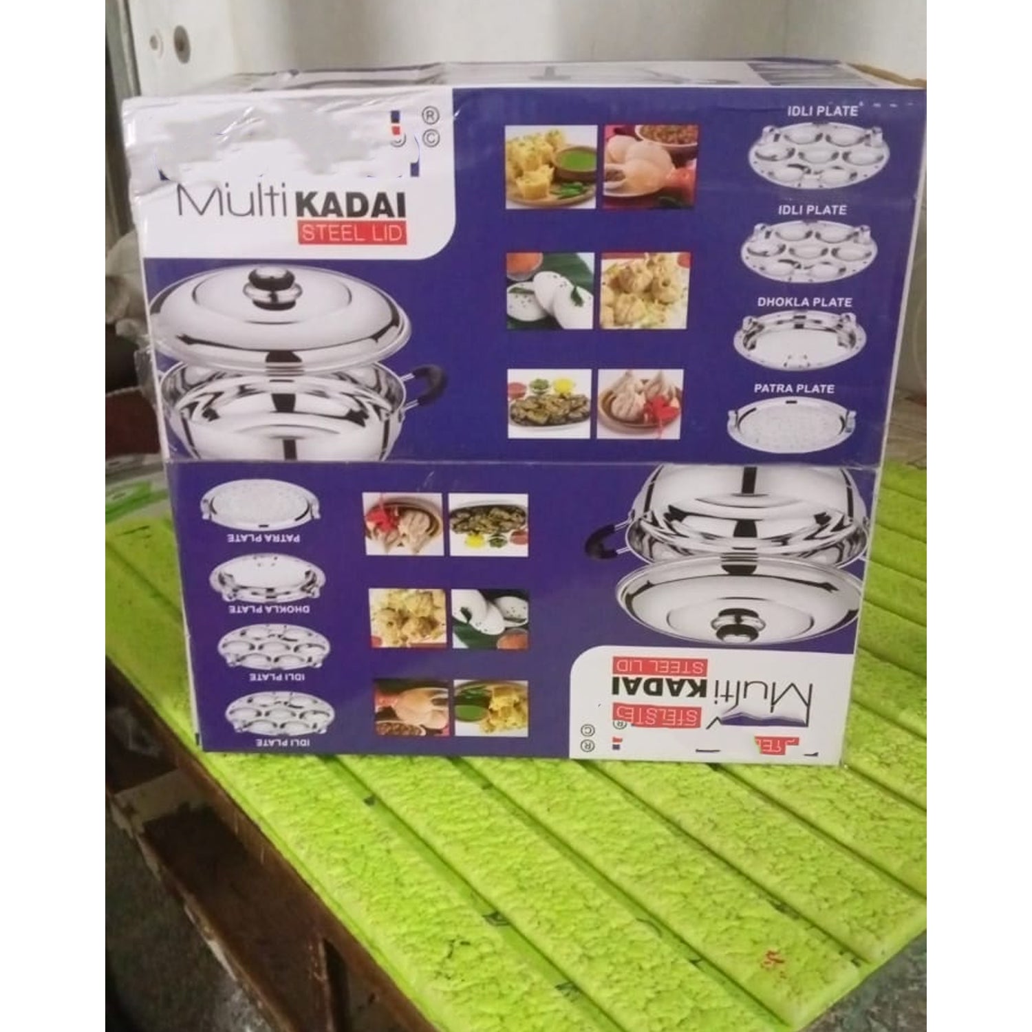 Stainless Steel Multi Kadai with 4 Plates in 1, 2 idli plates, 1 dhokla Plate, 1 Patra Plate, 1 kadai with 1 Lid (6 Pcs Set) - Bhavnagar Deodap