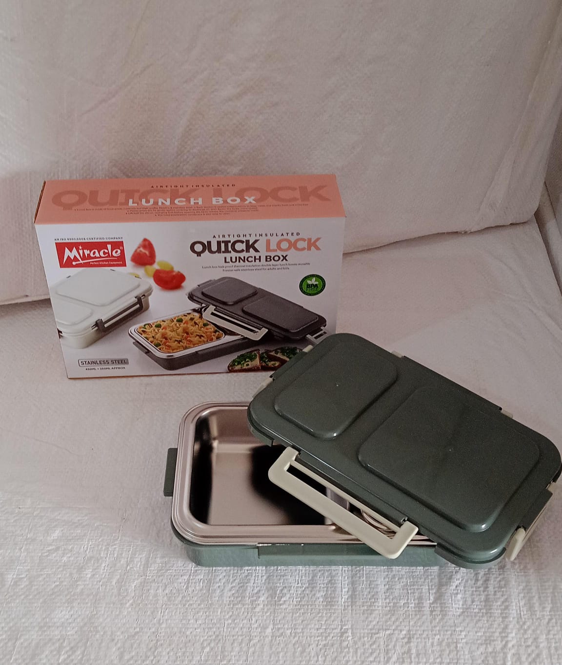 Miracle Quick Lock Leak Proof 2 Compartment Stainless Steel LUNCH BOX Inner Plate Reusable Microwave Freezer Safe Lunch Box Trendy Thermal Insulation Leak Proof for Office Vacuum Tiffin Box for Boys / Girls / School / Office Women and Men  - Bhavnagar Deodap