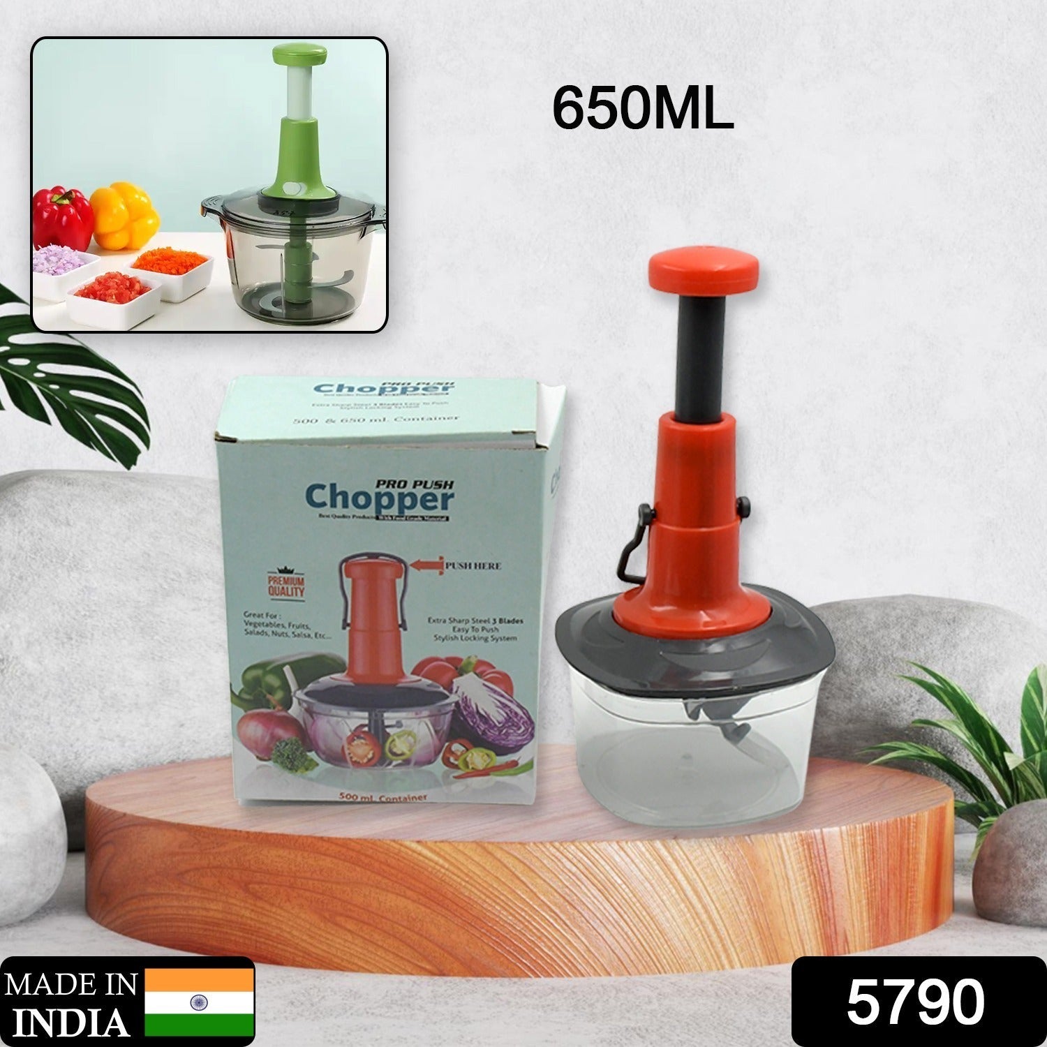 Manual Food Chopper (650ml): 3 Stainless Steel Blades, Locking System, Anti-Slip Base - Bhavnagar Deodap