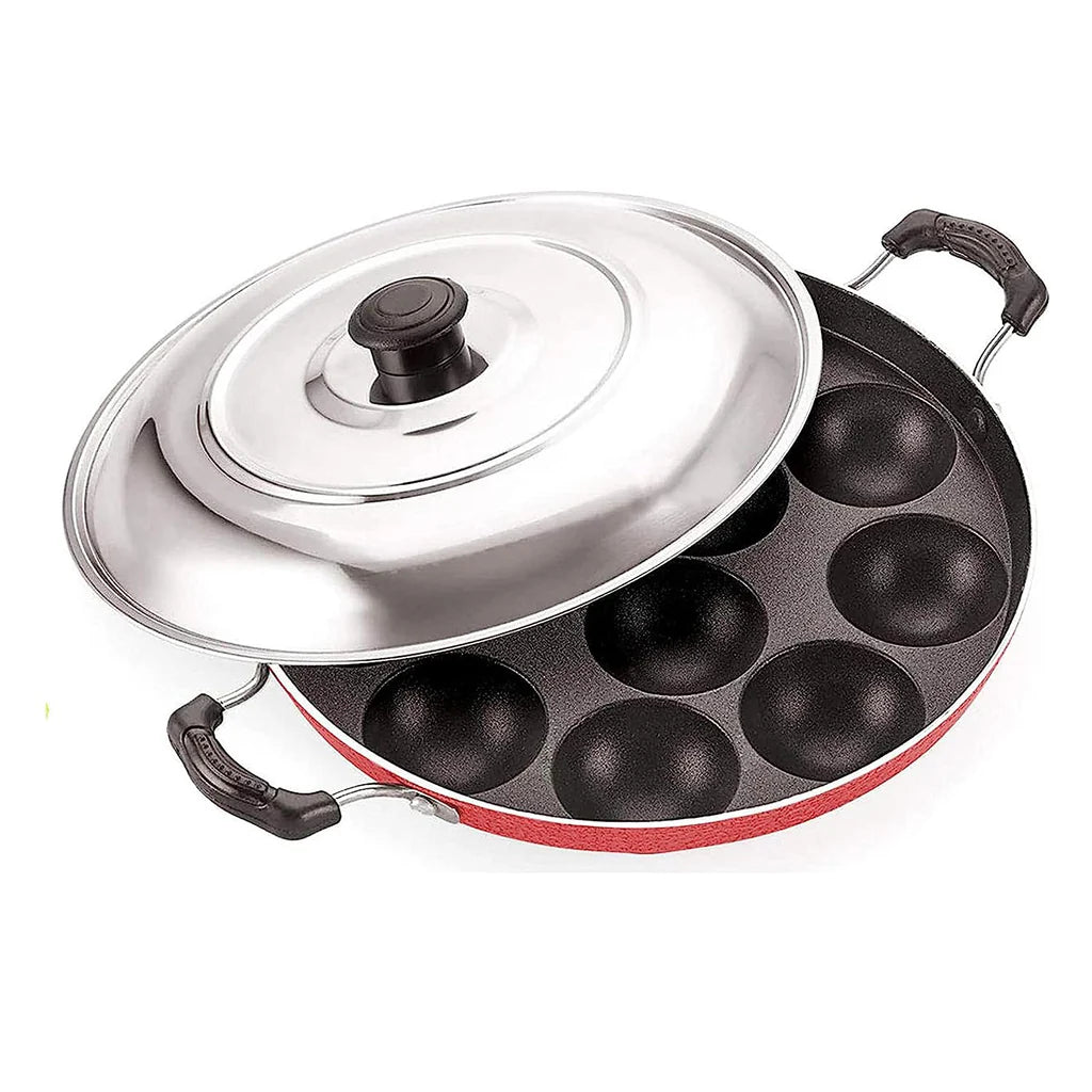 Non Stick 12 Cavity Aluminium Appam Patra Appe Pan Non Stick with Lid - Bhavnagar Deodap