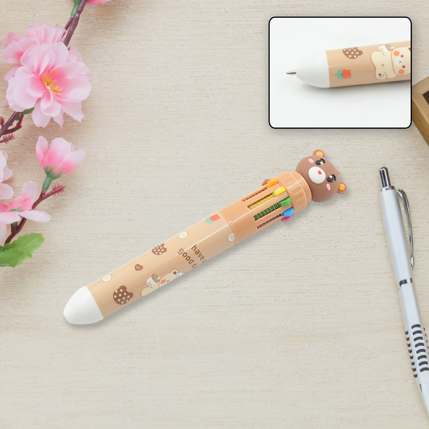 Kids 10-in-1 Color Pens Ballpoint Pen Set for Kids Cartoon Head Writing Pen for School Office Stationary Kit, Teddy Bear (1 Pc) - Bhavnagar Deodap