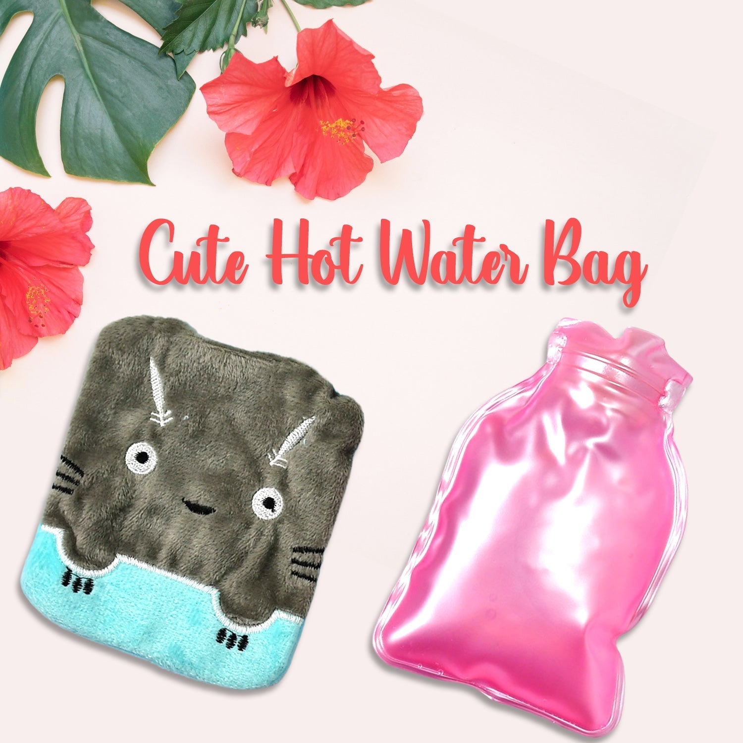 Grey Cat Print Small Hot Water Bag with Cover for Pain Relief - Bhavnagar Deodap