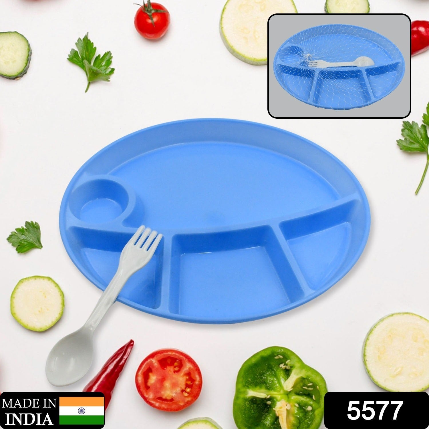 Plastic Food Plates / Biodegradable 5 Compartment Plate With Spoon for Food Snacks / Nuts / Desserts Plates for Kids, Reusable Plates for Outdoor, Camping, BPA-free (1 Pc) - Bhavnagar Deodap