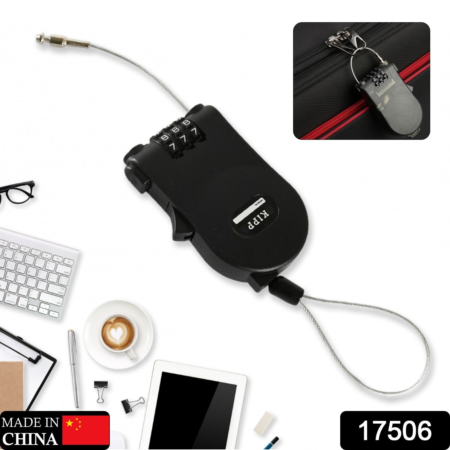 Multifunctional cable lock with number code for travel, sports Etc. Retractable Wire Lock,Wire Black Shell Combination Password. - Bhavnagar Deodap