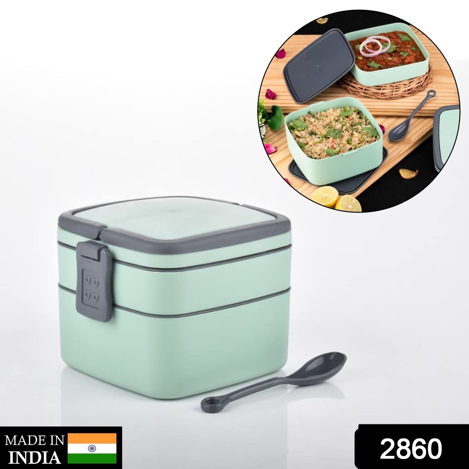 GREEN DOUBLE-LAYER PORTABLE LUNCH BOX STACKABLE WITH CARRYING HANDLE AND SPOON LUNCH BOX , Bento Lunch Box - Bhavnagar Deodap