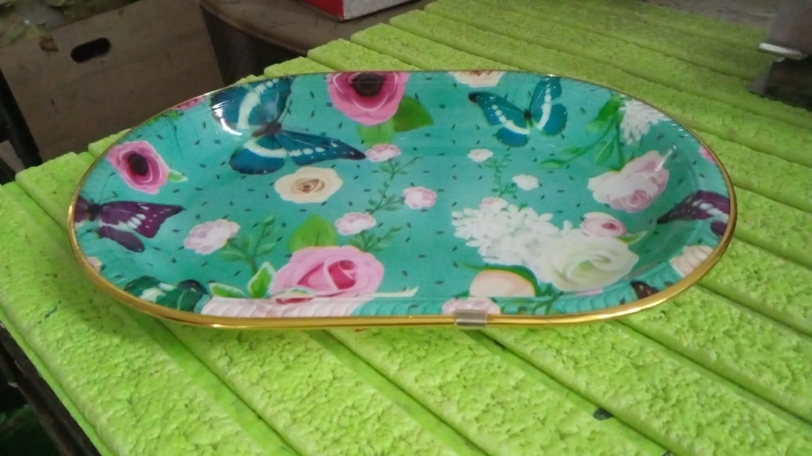 Big Plastic Flower Printed Design Serving Tray (1 Pc / 35 x 24 CM / Mix Color) - Bhavnagar Deodap