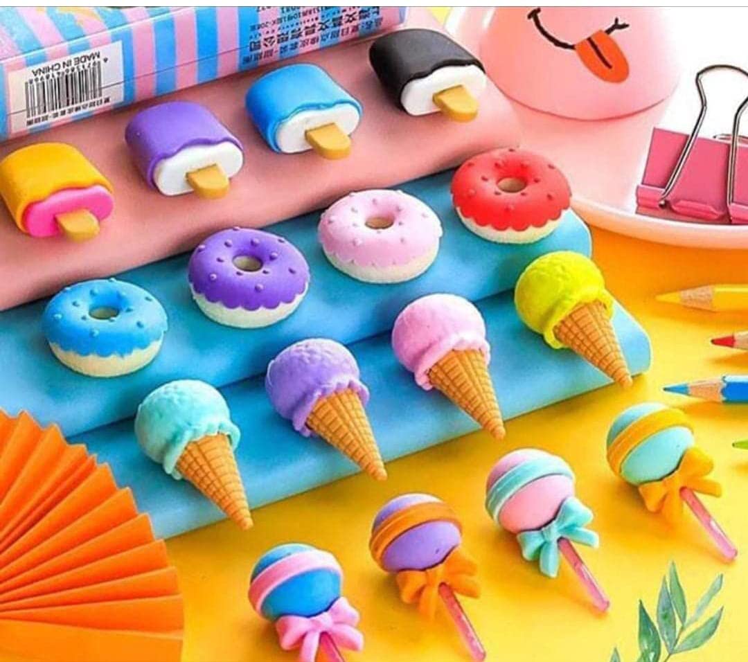 Cone / Donut / Lolipop / Ice cream / Eraser for Girls & Boys / Eraser for School B'Day Return Gift Party Doughnut Lollipop Ice Cream Theme Shape Erasers Pencils Set for Kids Educational Stationary kit, School Supplies (1 Set 4 Pc) - Bhavnagar Deodap