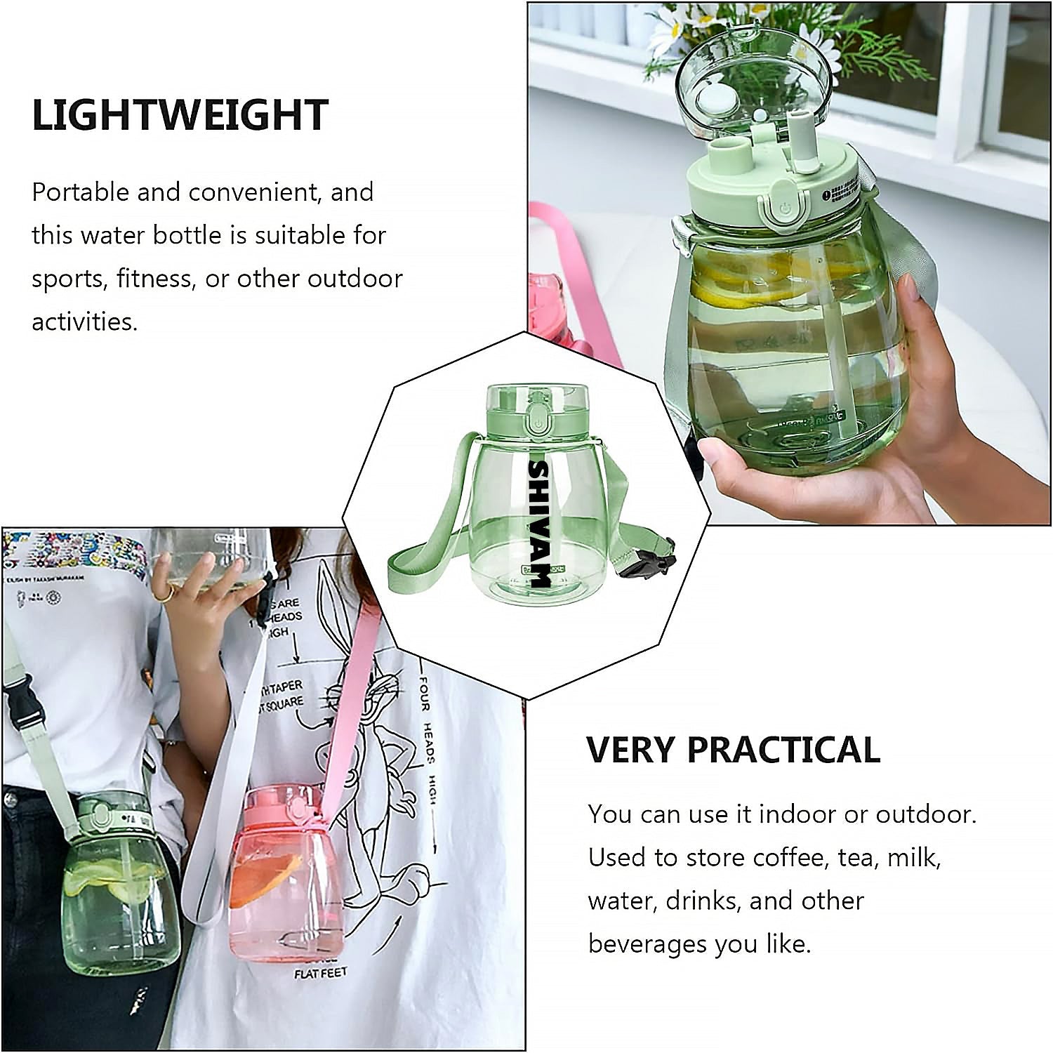 Customize Insulated Water Bottle Portable Water Bottle With Strap, Sticker and Straw Cute Outdoor Sports Bottle For Water Travel Drinkware Jug Travel Water Bottle large Capacity Water Jug, Gym / Kid / Outdoor Sport / Campus, Fashionable (1300 ML Approx)