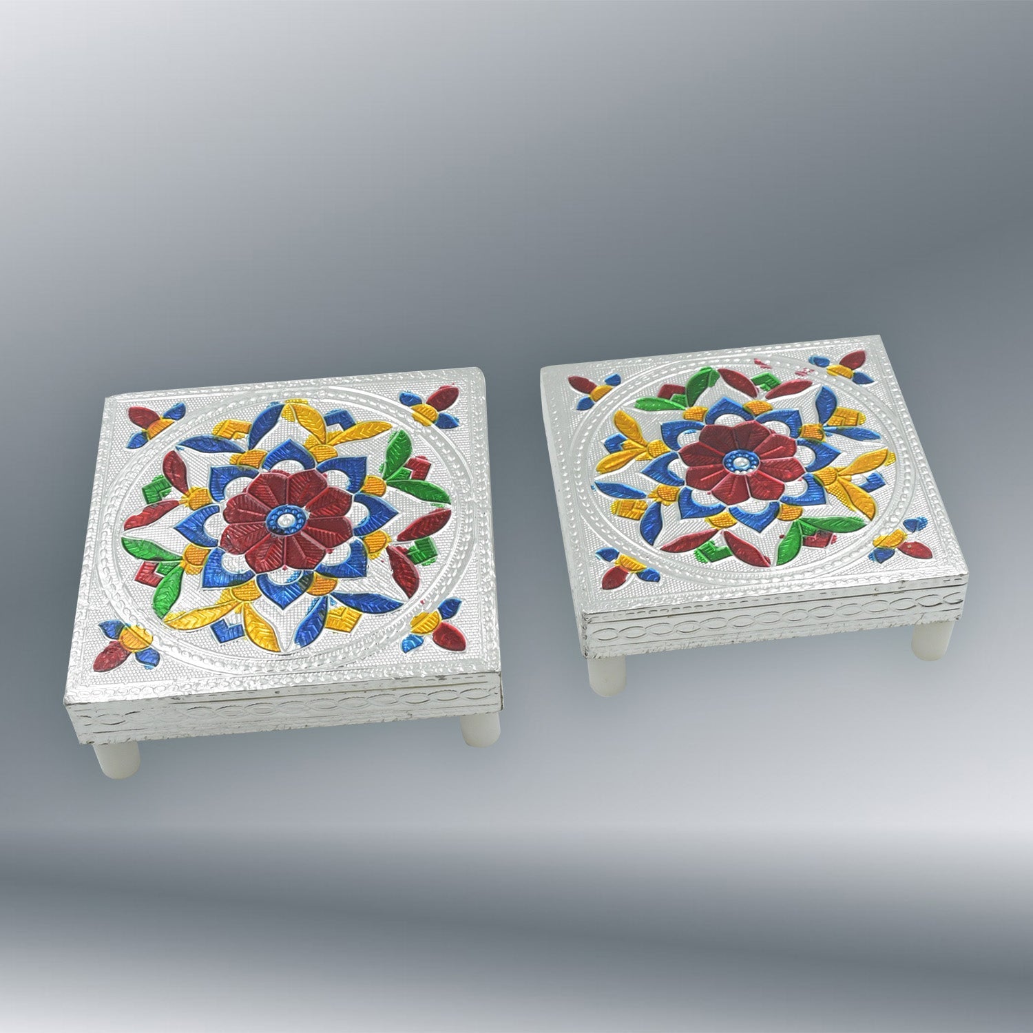 2 Pc Meenakari Wooden Chowki & Bajot Set: For Home & Office Puja (Multicolor) - Bhavnagar Deodap