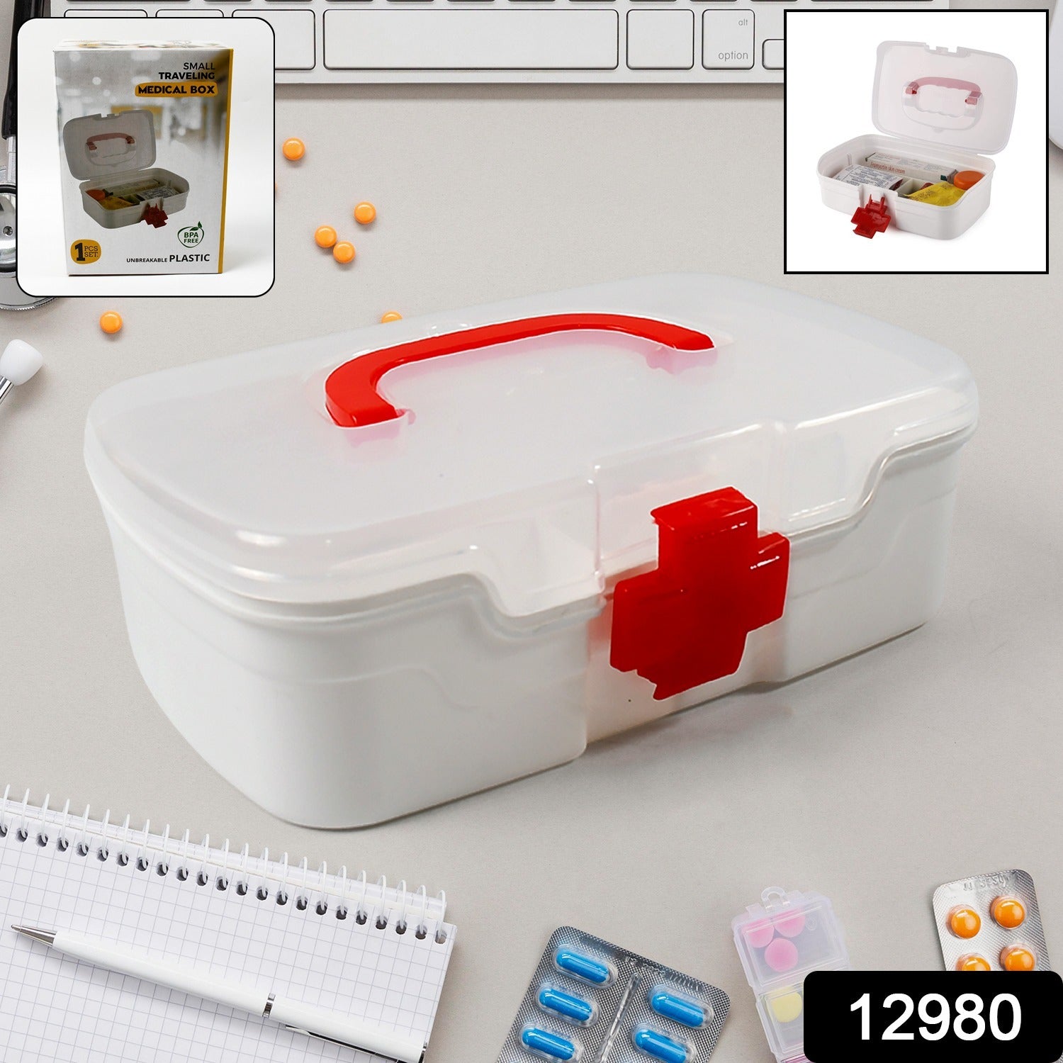 3 Compartment Medical Box, 1 Piece, Indoor Outdoor Medical Utility, Medicine Storage Box, Detachable Tray Medical Box Multi Purpose Regular Medicine, First Aid Box with Handle, Transparent Lid & Color Box  - Bhavnagar Deodap