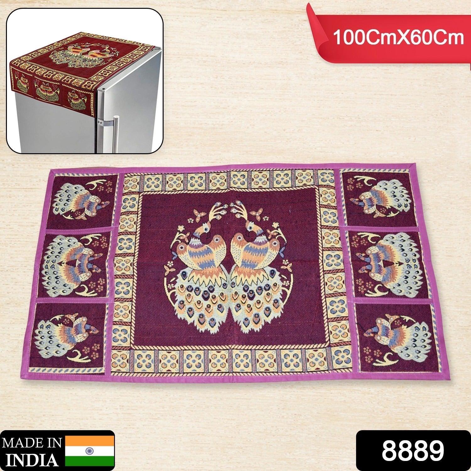 Cotton Fridge Top Cover Set - Standard, Appliance Covers Fridge Dustproof Cover with Peacock Deign 6 Utility Side Pockets Fridge Cover For All types Fridge Refrigerator Use (100x60CM) - Bhavnagar Deodap