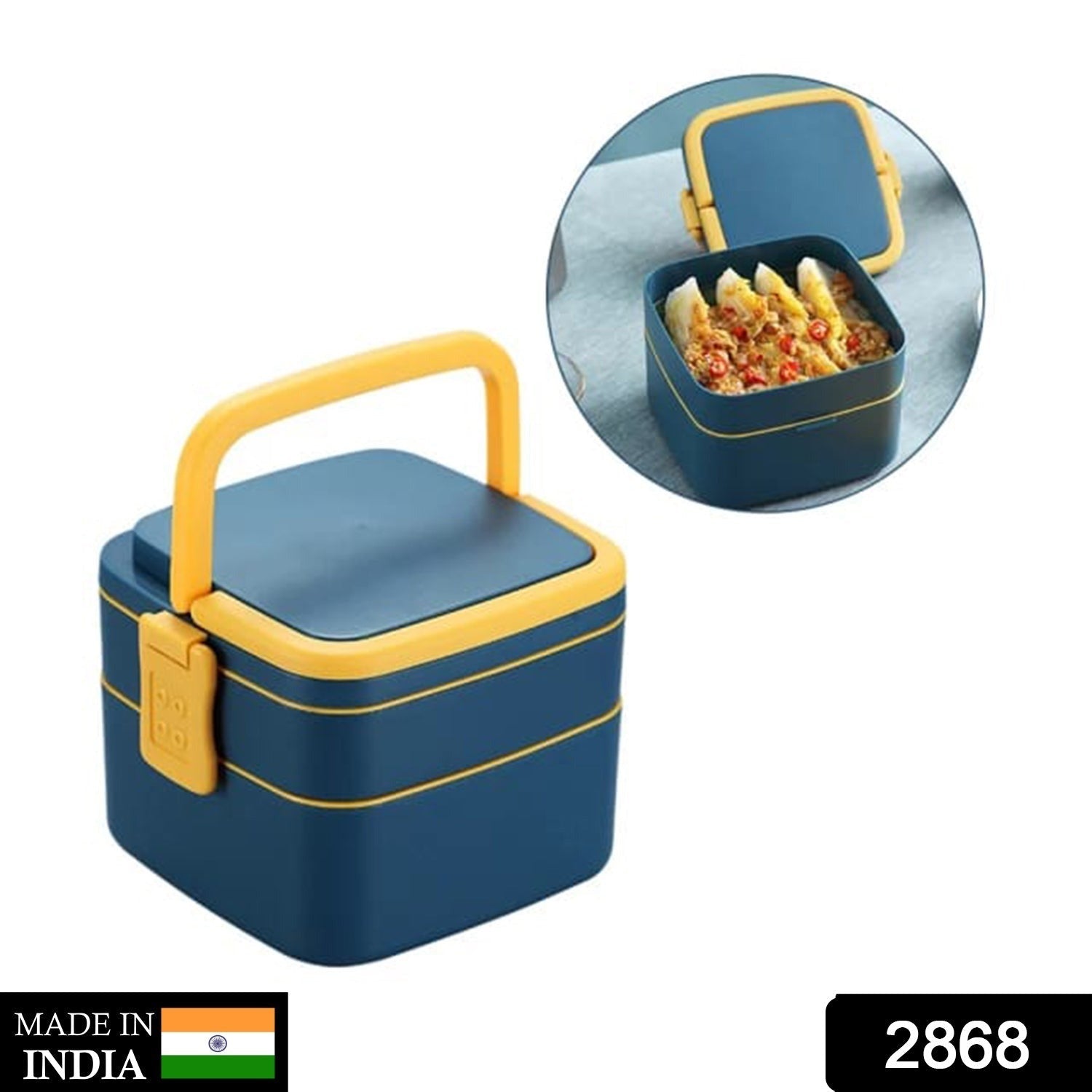 BLUE DOUBLE-LAYER PORTABLE LUNCH BOX STACKABLE WITH CARRYING HANDLE AND SPOON LUNCH BOX , Bento Lunch Box - Bhavnagar Deodap