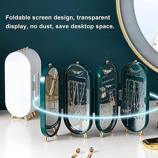 3 FOLD JEWELLERY BOX Earring Holde Organizer Box with Mirror Necklace Jewelry Organizer with Folding Jewelry Travel Case Small for Women Hanging Necklace - Bhavnagar Deodap