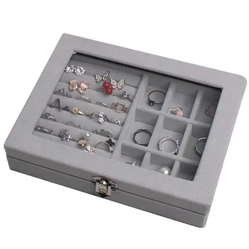 Jewellery Box Jewellery Organiser Box Velvet Clear Lid Jewelry Organizer, Ring Earring Bracelets Jewelry Storage Case, Portable Jewelry Box for Girls Women (Grey) - Bhavnagar Deodap