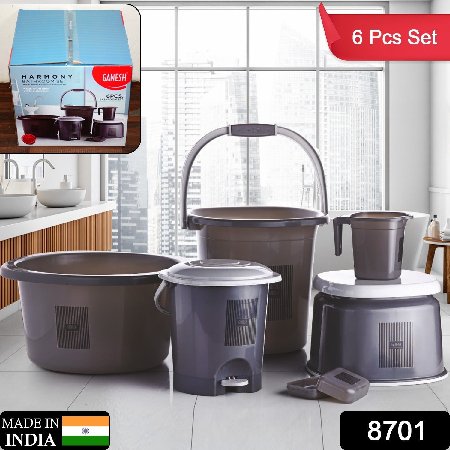 Plastic Bathroom Accessories Set 6 pcs Bath Set Bathroom Bucket with Dustbin Mug, Stool, Soap Case,Tub (MOQ :- 4 Pc / Mix Color ) - Bhavnagar Deodap