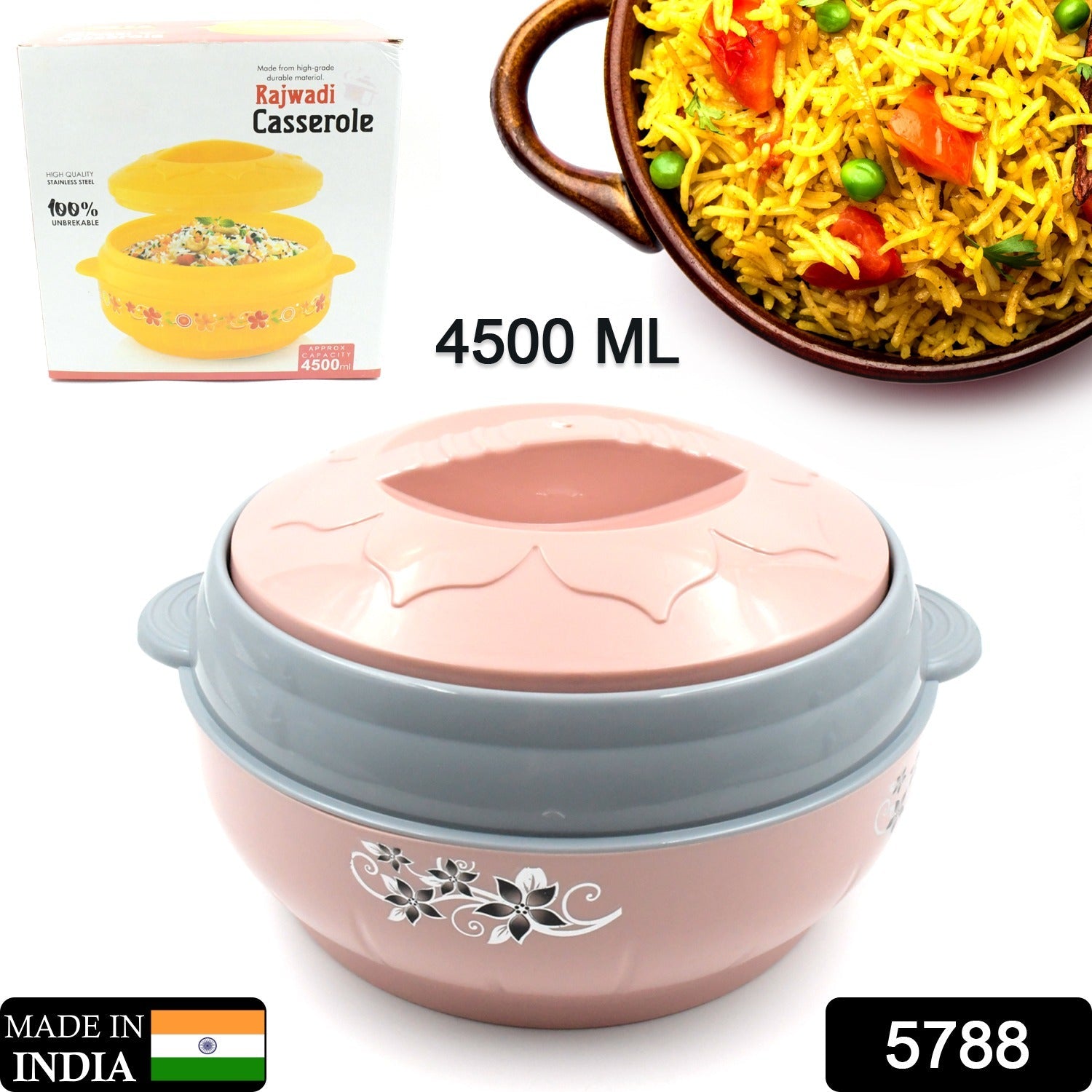 4500ml Insulated Casserole Box (Steel): Floral Print, Keeps Food Hot/Cold - Bhavnagar Deodap