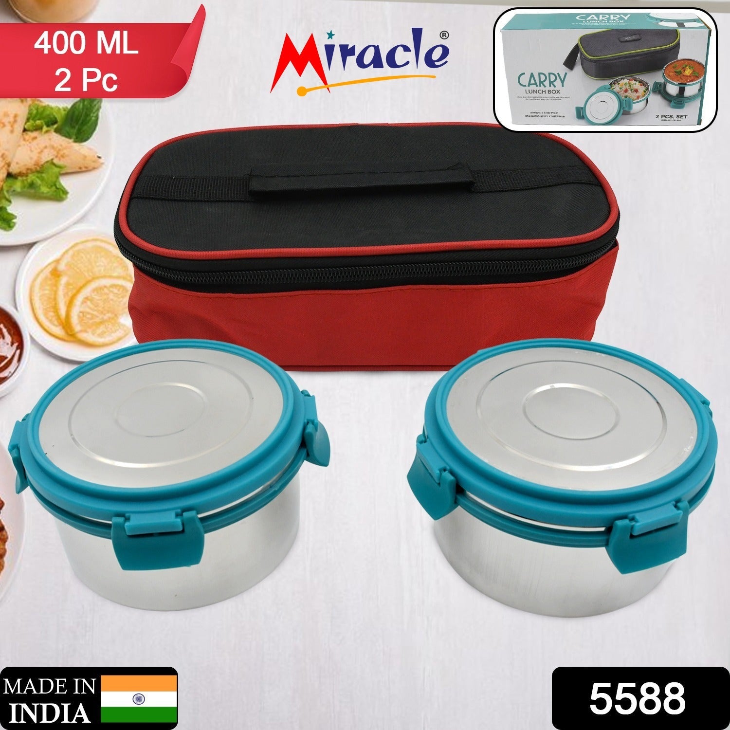 Miracle Carry Lunch Box Microwave Safe Lunch Box With Insulated Bag 2 Compartment Lunch Box (400 ML / 2 pc) - Bhavnagar Deodap