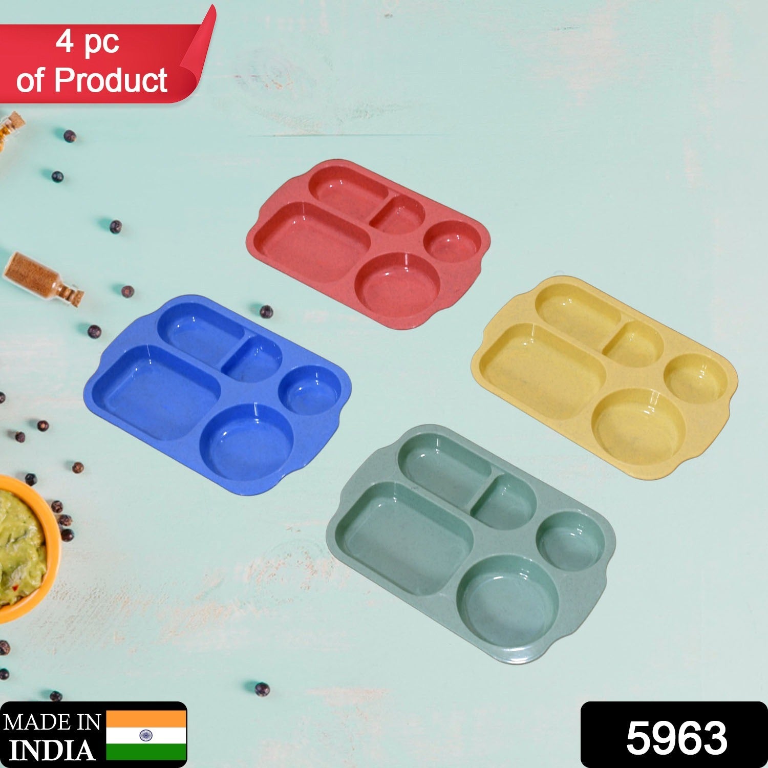 Divided Plates, 5 Compartments 32 CM Split Plates, Shatterproof Separating Plates For Kids And Adults, Microwave and Dishwasher Tableware Set, Multi-Colour, Modern (4 Pc Set) - Bhavnagar Deodap