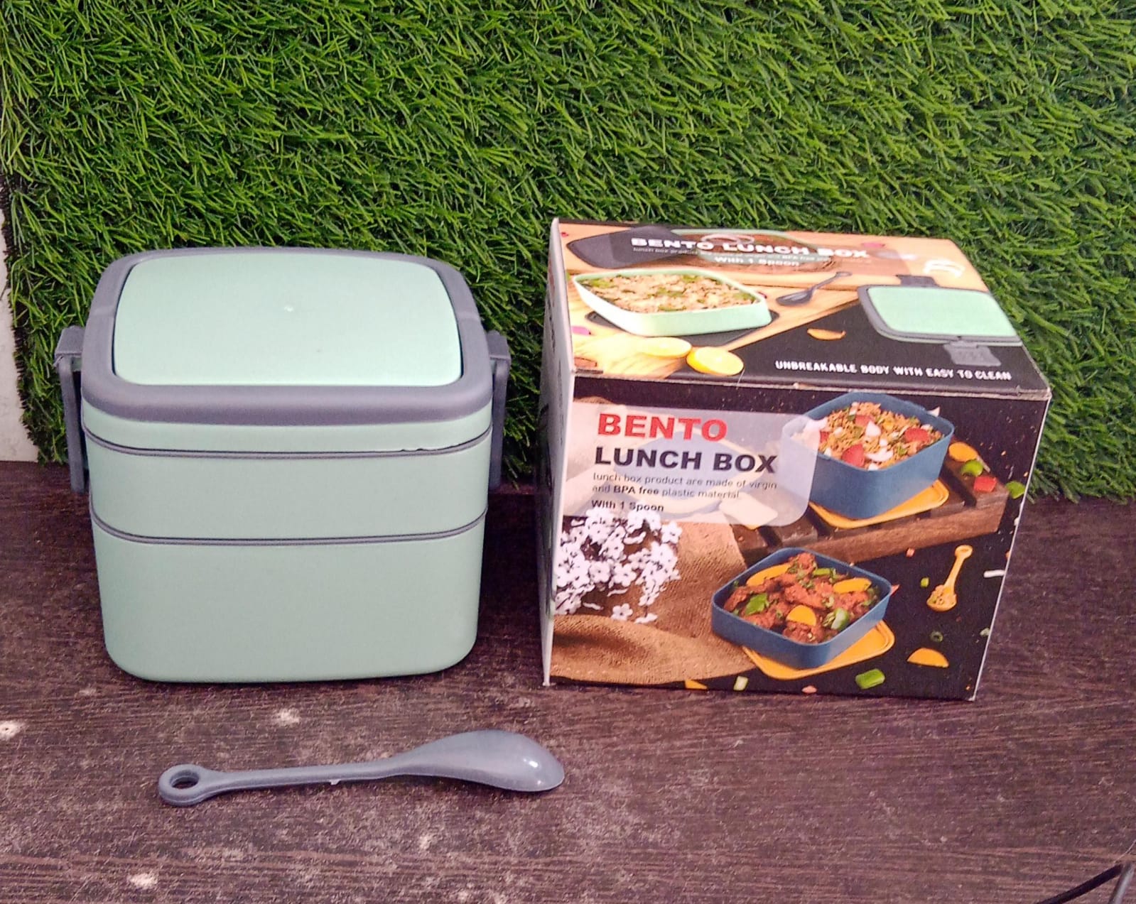 GREEN DOUBLE-LAYER PORTABLE LUNCH BOX STACKABLE WITH CARRYING HANDLE AND SPOON LUNCH BOX , Bento Lunch Box - Bhavnagar Deodap