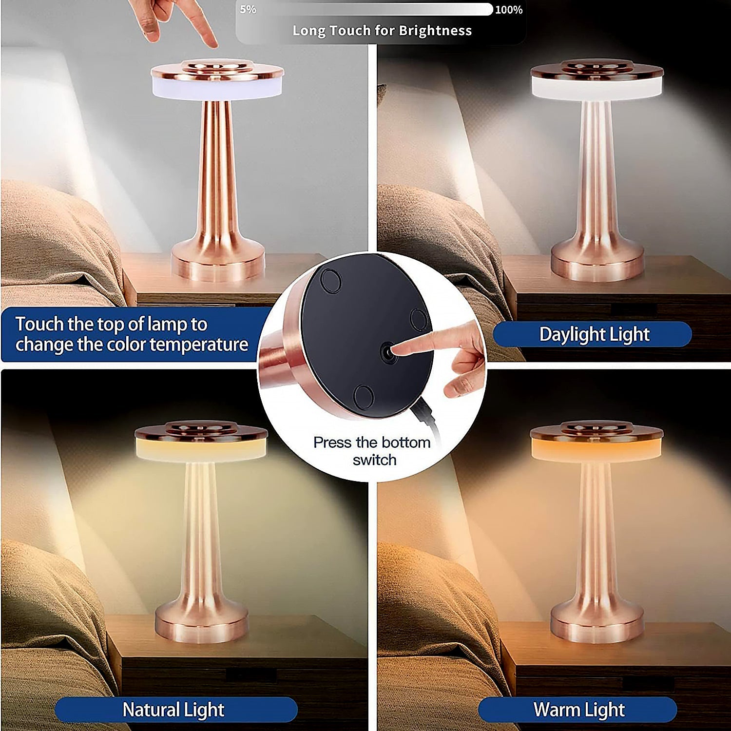 Decorative Desk Lamp, Portable Metal LED Table Lamp, USB Rechargeable, 3 Color, 3 Levels Brightness, Dimmable Eye Protection Modern Lamp for Home Decor Party Kids Room Bedroom (1 Pc) - Bhavnagar Deodap