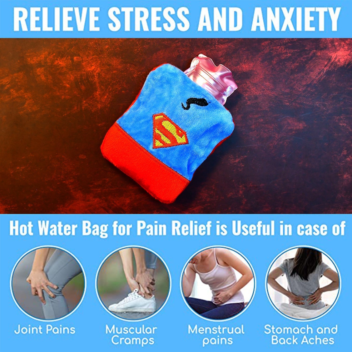 Superman Print Small Hot Water Bag with Cover for Pain Relief - Bhavnagar Deodap