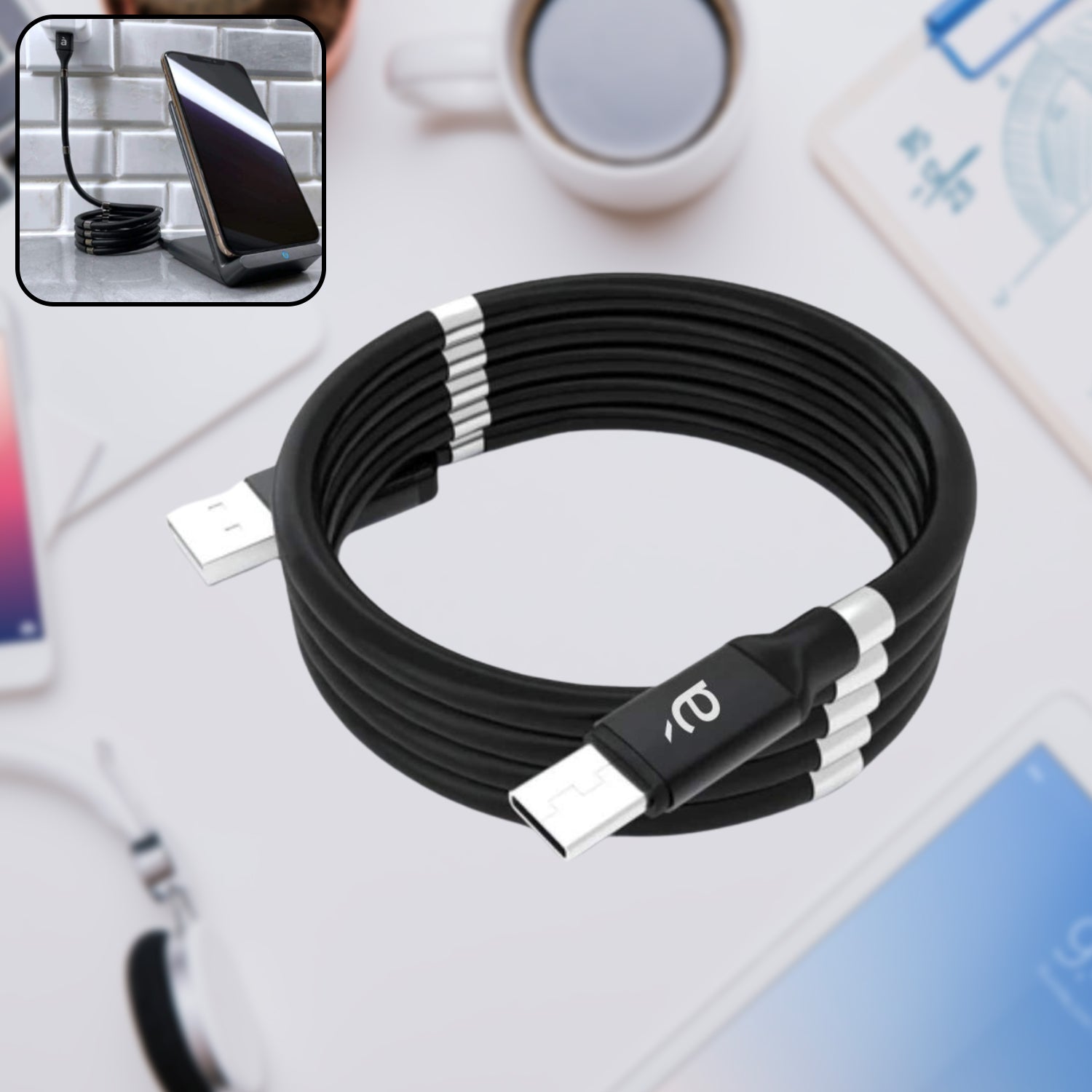 USB Cable, Charging Cable 3A Fast Charge and Sync Most Stunning Charging Cable, Magnetic Charging Cable Charging Cable for Phone (Compatible with (No More Messy Cables in Car & Home), (120 CM), ( Black), One Cable) - Bhavnagar Deodap