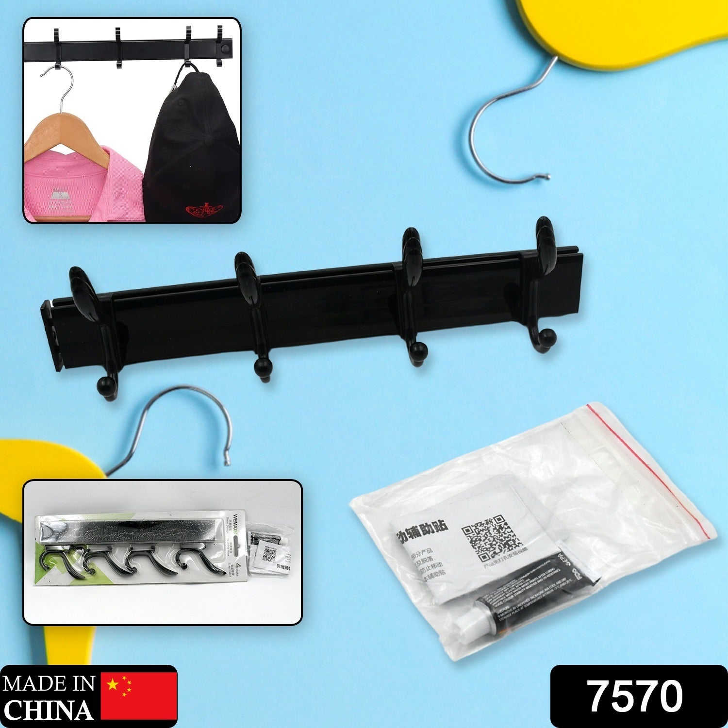 Cloth hanger, Wall Door Hooks Rail for Hanging Clothes for Hanging Hook Rack Rail, Extra Long Coat Hanger Wall Mount for Clothes, Jacket, Hats, 6 Hook With Eco-friendly Liquid Adhesive Glue - Bhavnagar Deodap