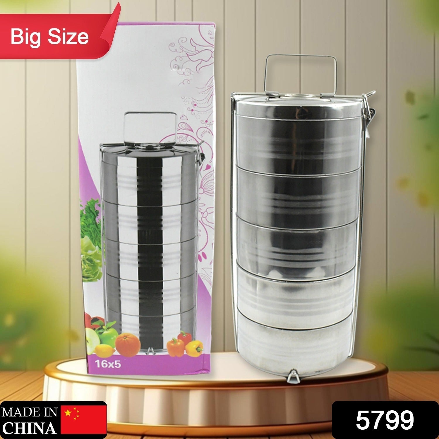 5 Compartment Lunch Box (Stainless Steel): Round Tiffin, Leakproof (16x5") - Bhavnagar Deodap