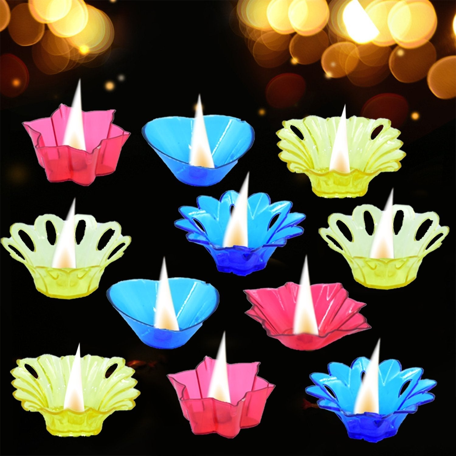 Plastic Candle Cup with Multi Shape Diwali Diya Cup (Multicolor) (12 Pcs Set) - Bhavnagar Deodap