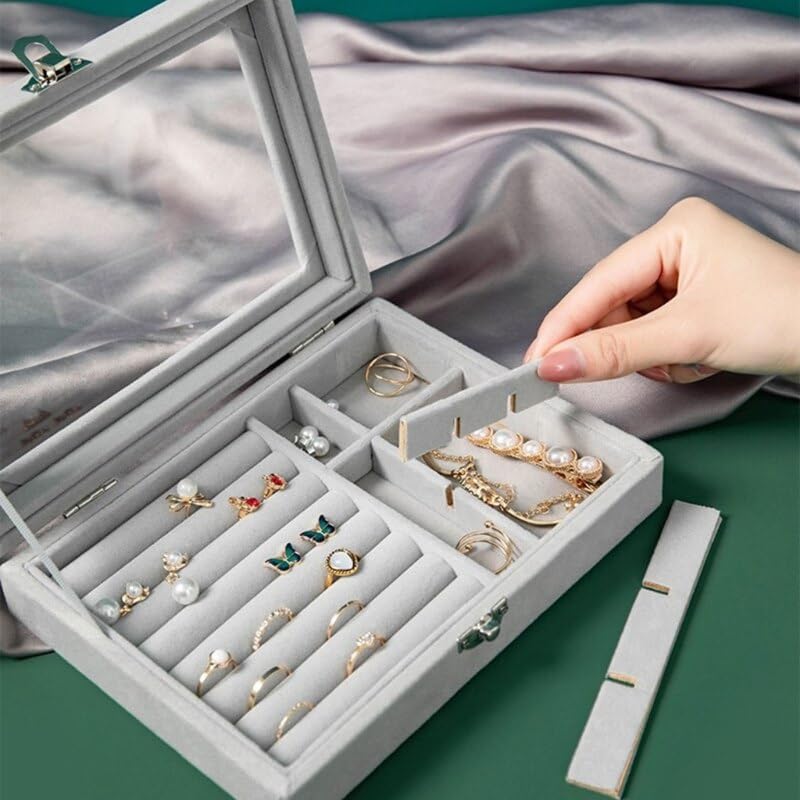 Jewellery Box Jewellery Organiser Box Velvet Clear Lid Jewelry Organizer, Ring Earring Bracelets Jewelry Storage Case, Portable Jewelry Box for Girls Women (Grey) - Bhavnagar Deodap