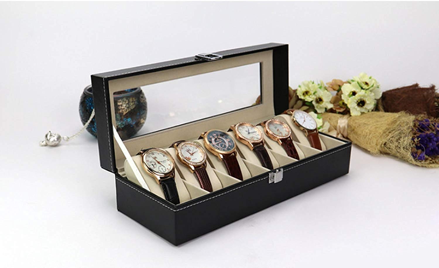 Watch Box Organizer - Watch Case Box for Men - Watch Organizer Storage Tray for Women - Wrist Watch Collection Holder 6 Slots - Sleek And Durable Display Case for All Watch Enthusiasts, Black