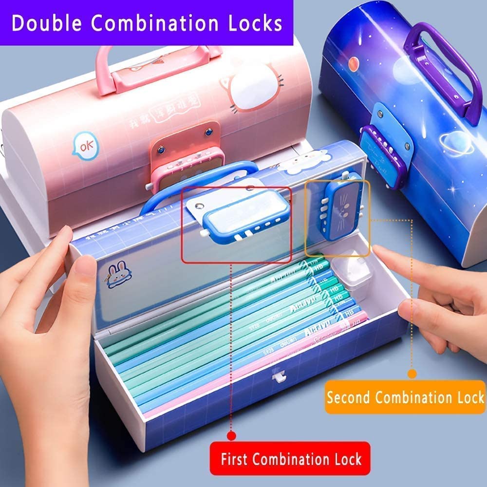 Suitcase Style Password Lock Case, Multi-Layer Stationary Organizer for Kids, Return Gift, Pink