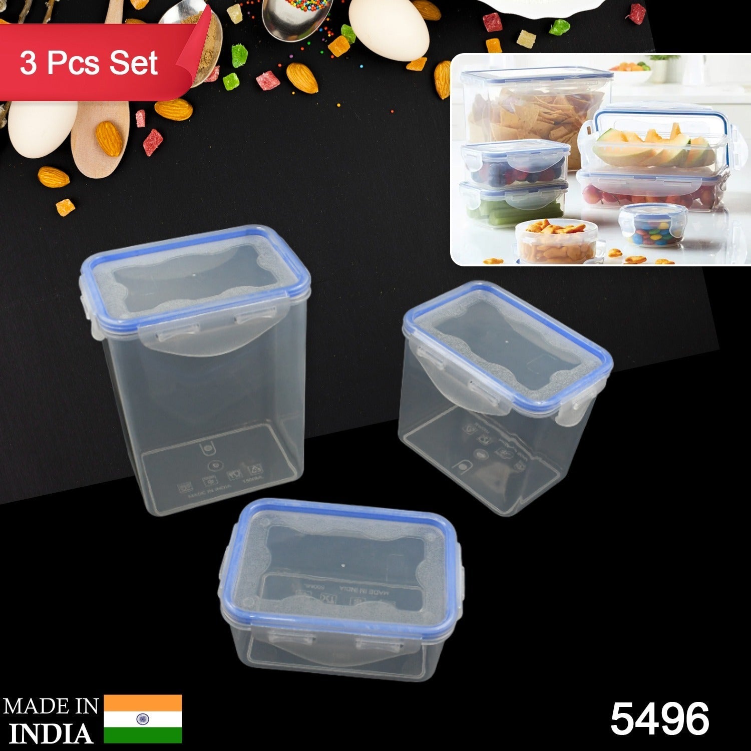 Kitchen Storage Container Set with Food Grade Plastic and Air Seal Lock Lid for Storage of Grocery, Spices, Dry fruits Use For Home, Office, Restaurant, Canteens (3 Piece Set) - Bhavnagar Deodap