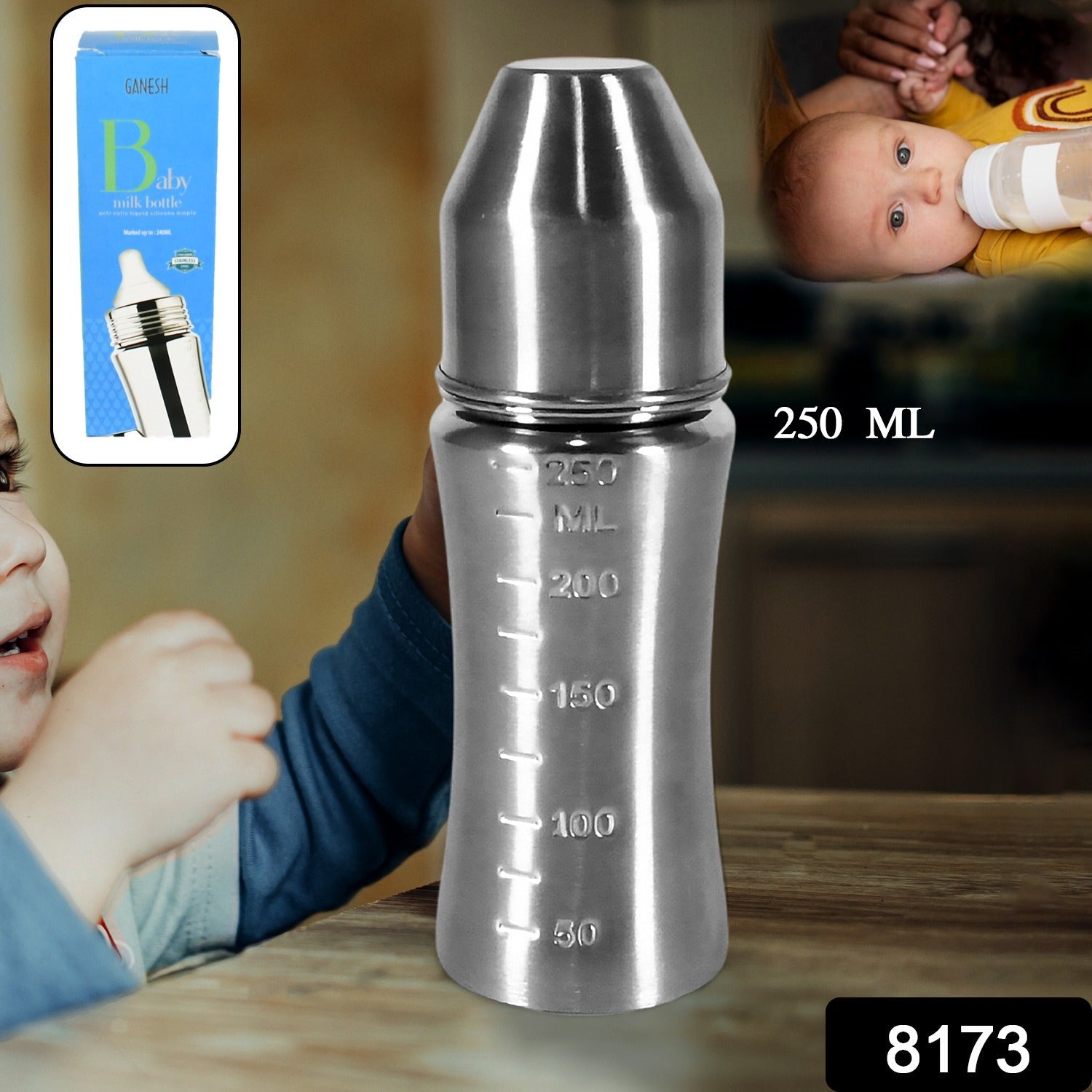 Ganesh Stainless Steel Baby Feeding Bottle, Milk Bottle for New Born / Infants / Toddler Up to 3 Years, BFA Free (250 ML Approx) - Bhavnagar Deodap