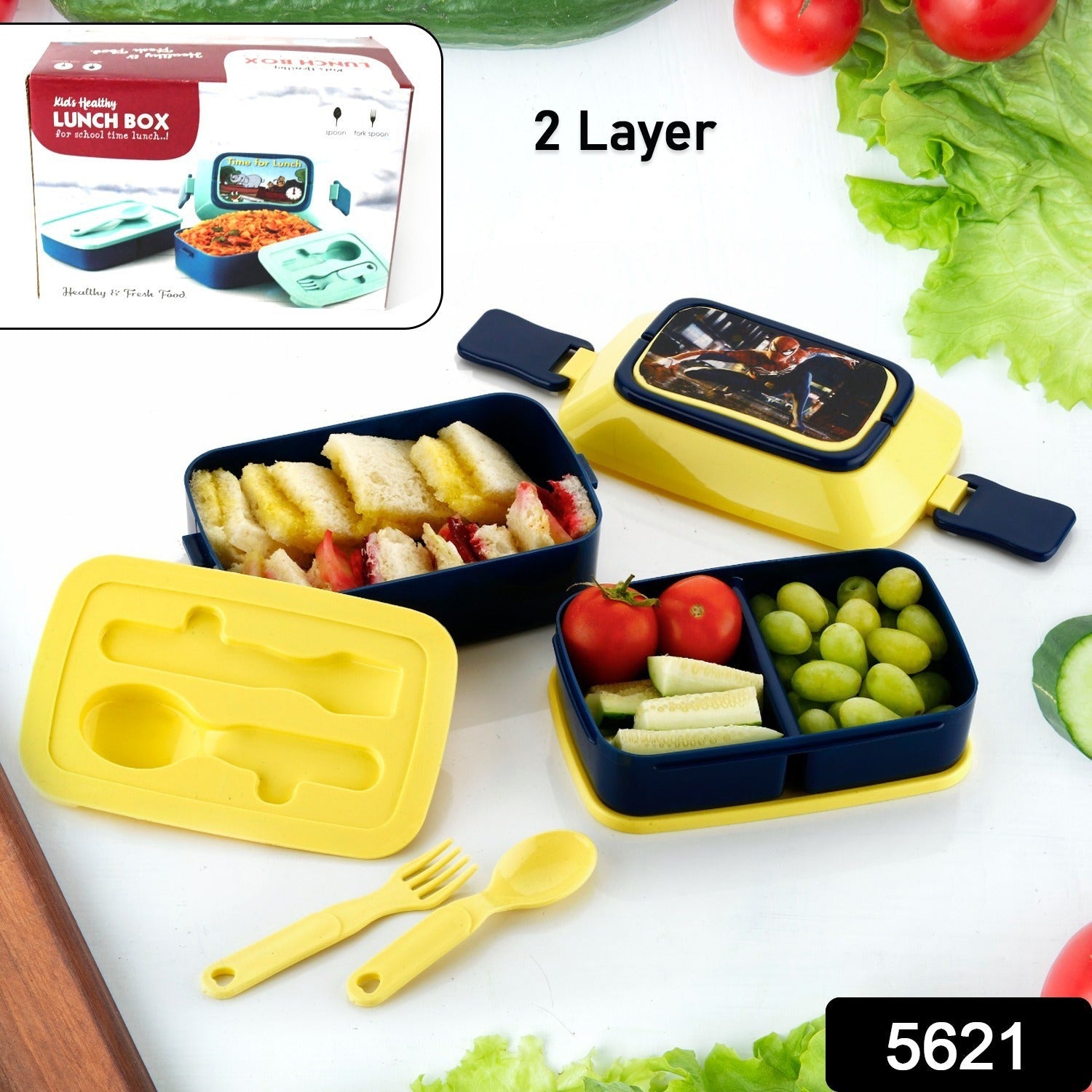 5621 Double Layer Lunch Box Stylish Lid Lunch Box With Fork & Spoon Lunch Box For Children School Lunch Box  - Bhavnagar Deodap