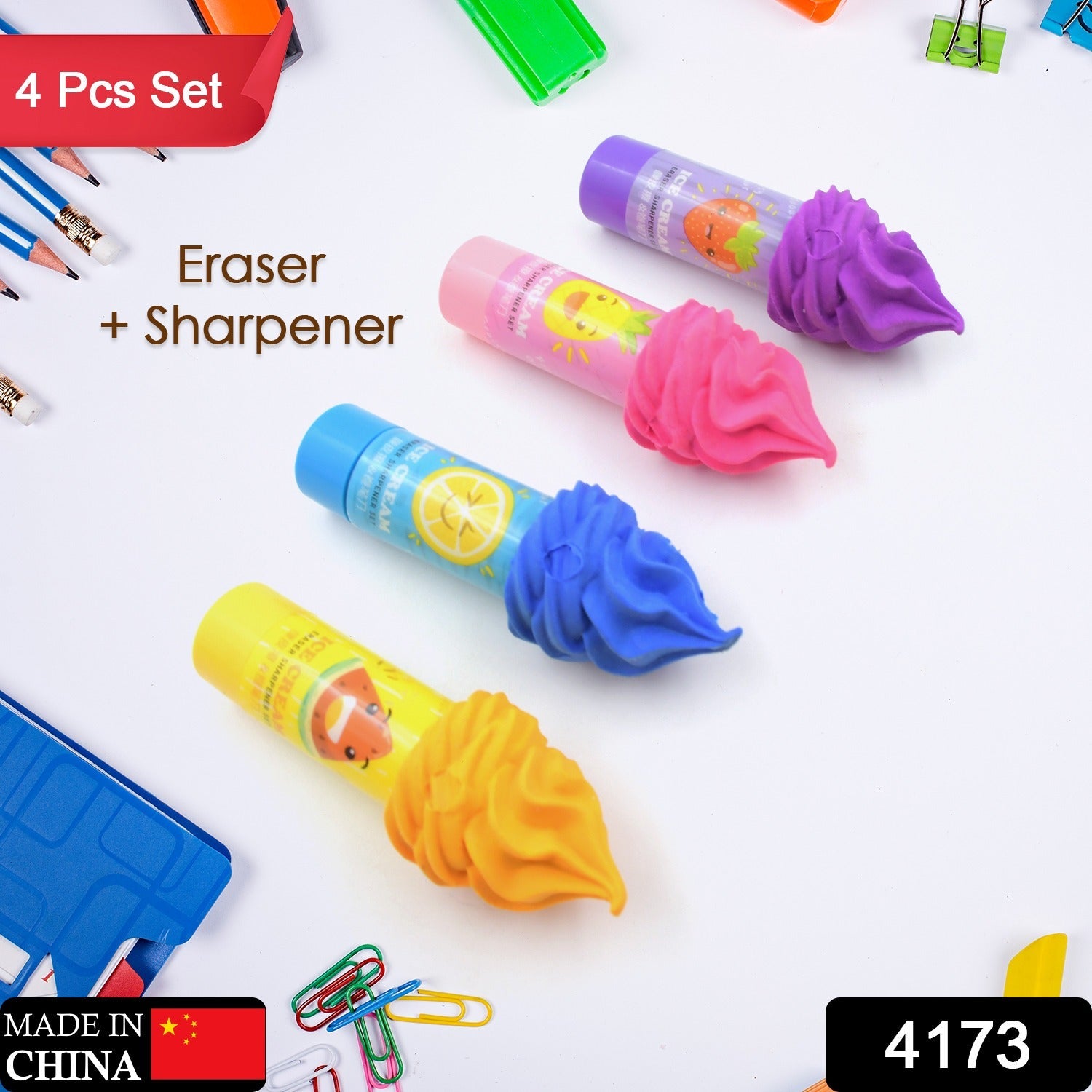 2 in1 Ice-Cream Cone Shaped Eraser Sharpener for Kids, Fancy & Stylish Colorful Erasers, Mini Eraser Creative Cute Novelty Eraser for Children Different Designs Eraser Set for Return Gift, Birthday Party, School Prize (4 Pcs Set) - Bhavnagar Deodap